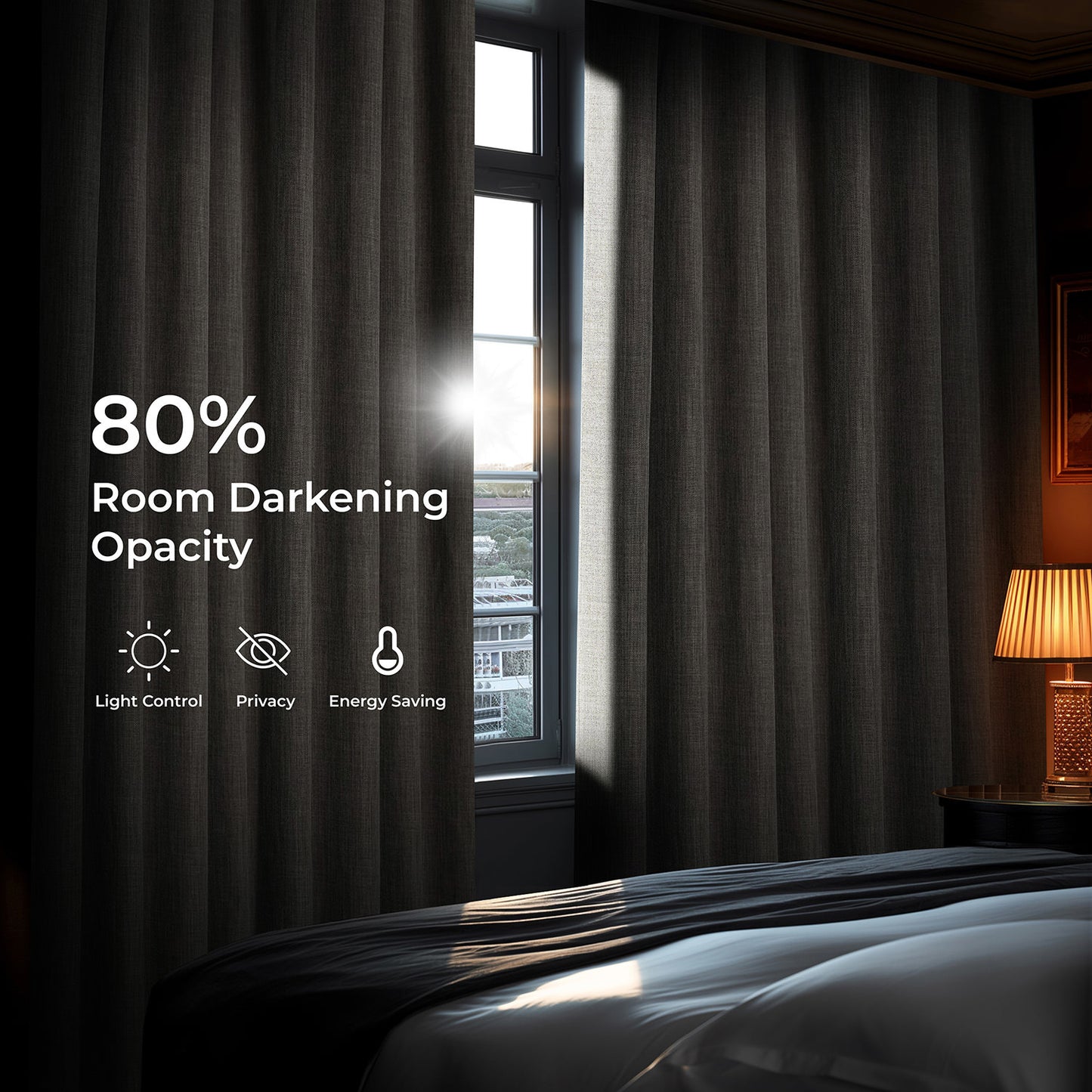 Dark curtains with text indicating 80% room darkening opacity in a bedroom setting.