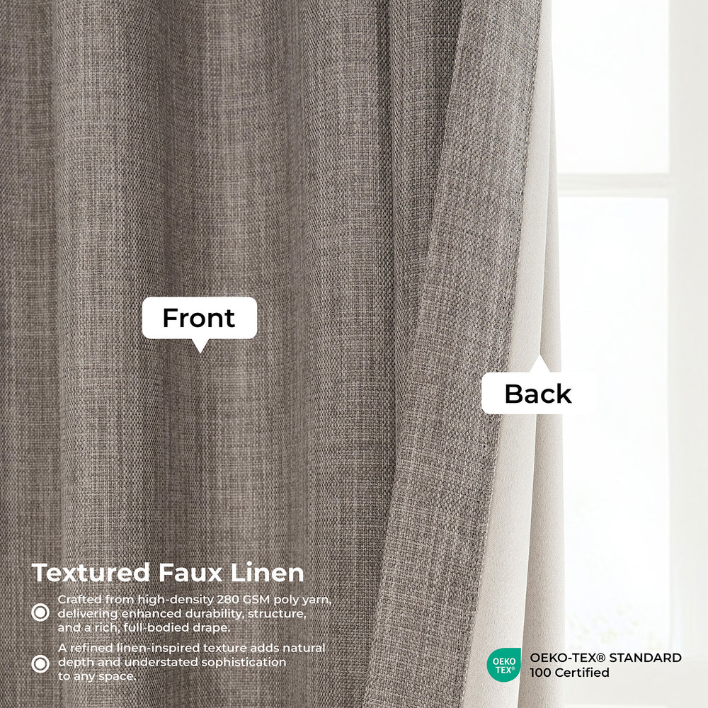 Textured faux linen curtain with labeled front and back, OEKO-TEX certification visible.