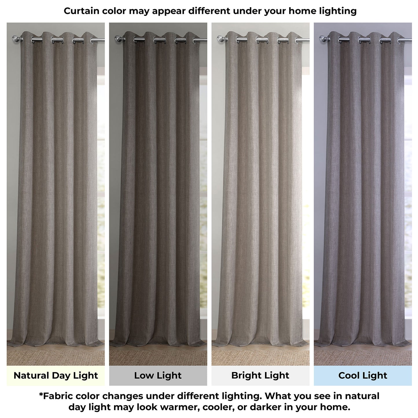 Set of four curtains shown under different lighting conditions to demonstrate color variation.
