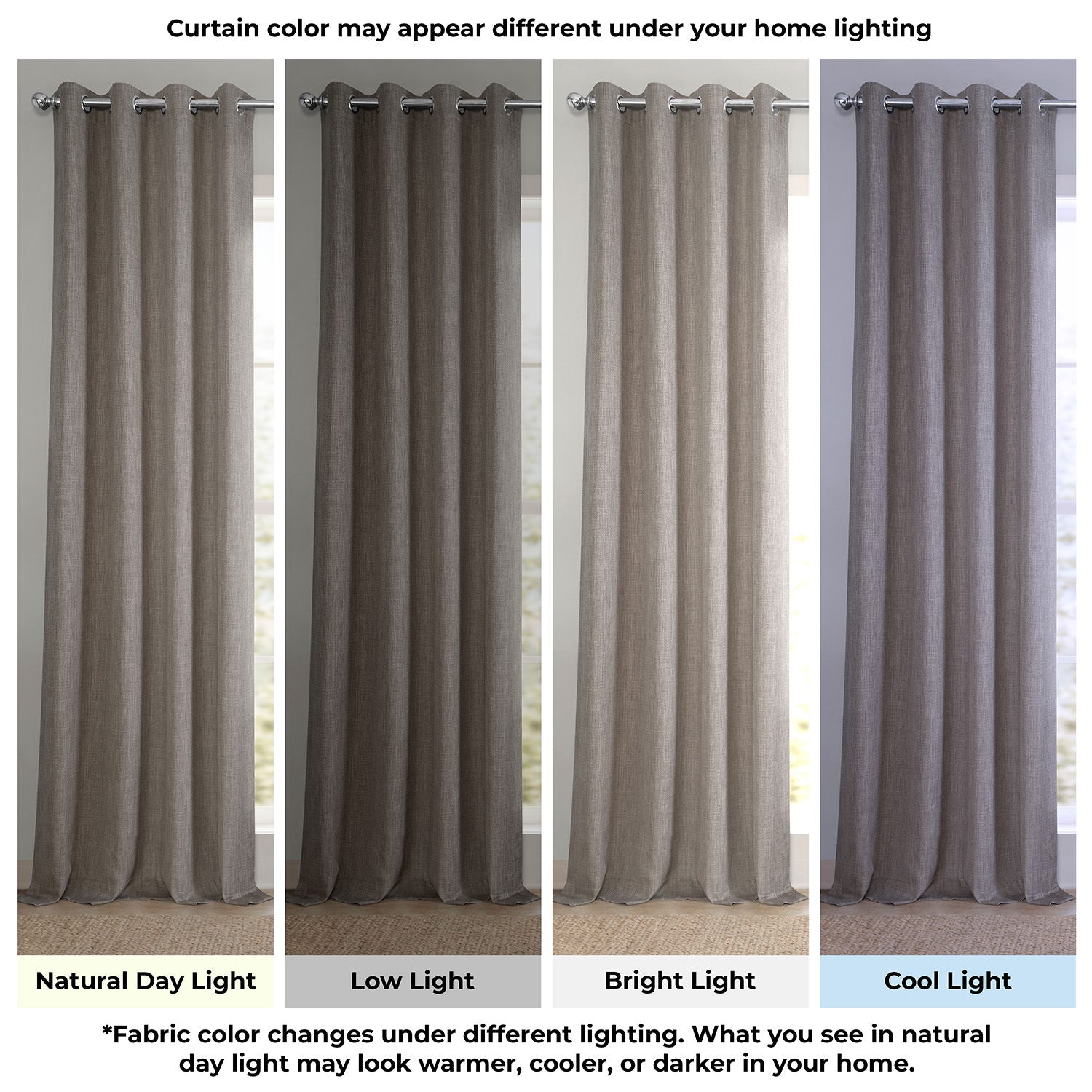 Set of four curtains shown under different lighting conditions to demonstrate color variation.