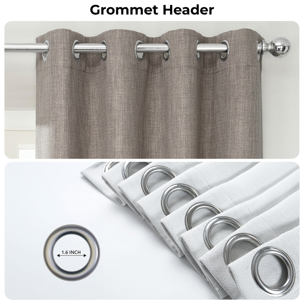 Brown curtain with grommet header and close-up of grommets on a white background