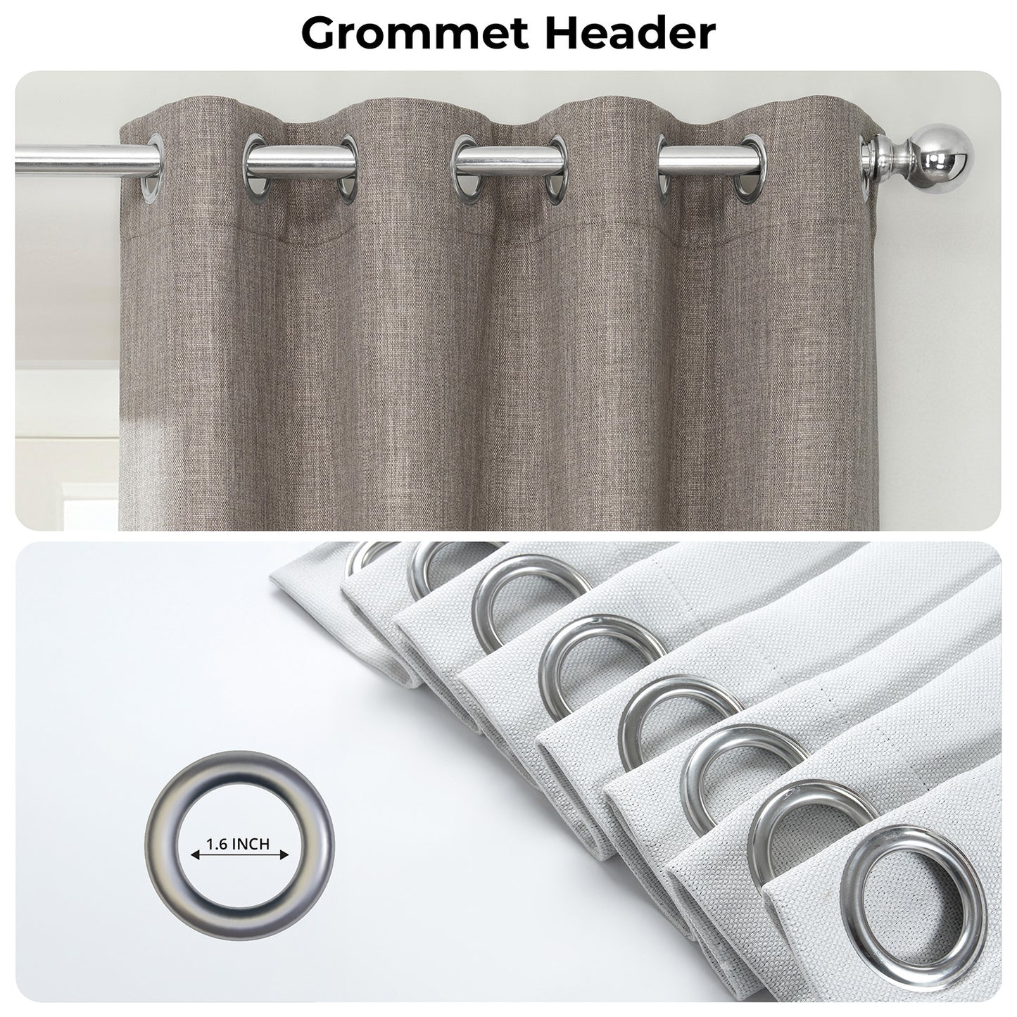 Brown curtain with grommet header and close-up of grommets on a white background