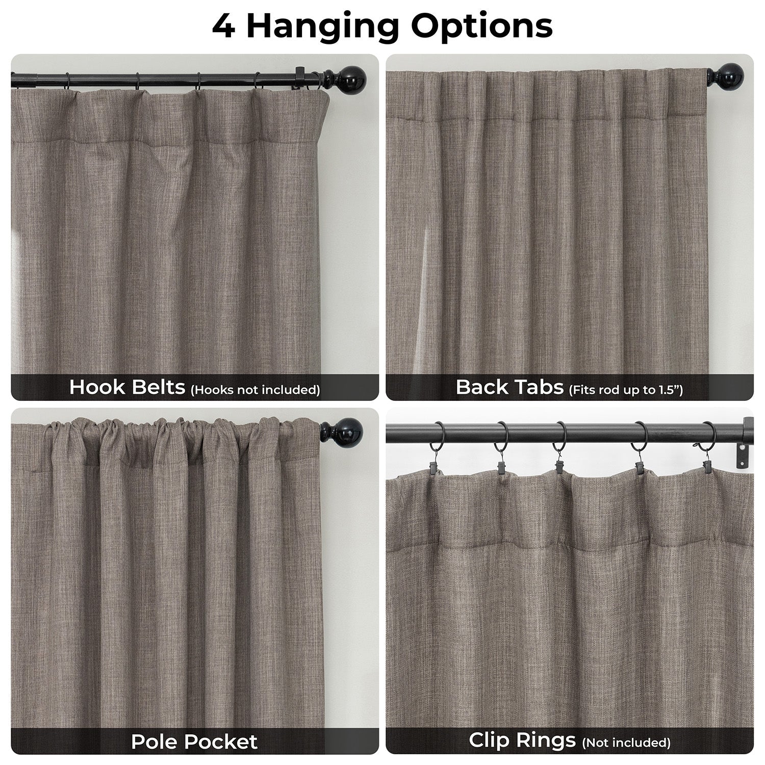 Collage of four hanging options for curtains on a white background.