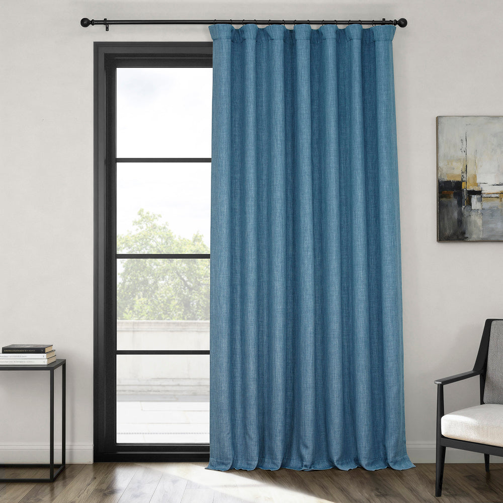 Denim Extra Wide Textured Faux Linen Room Darkening Curtain