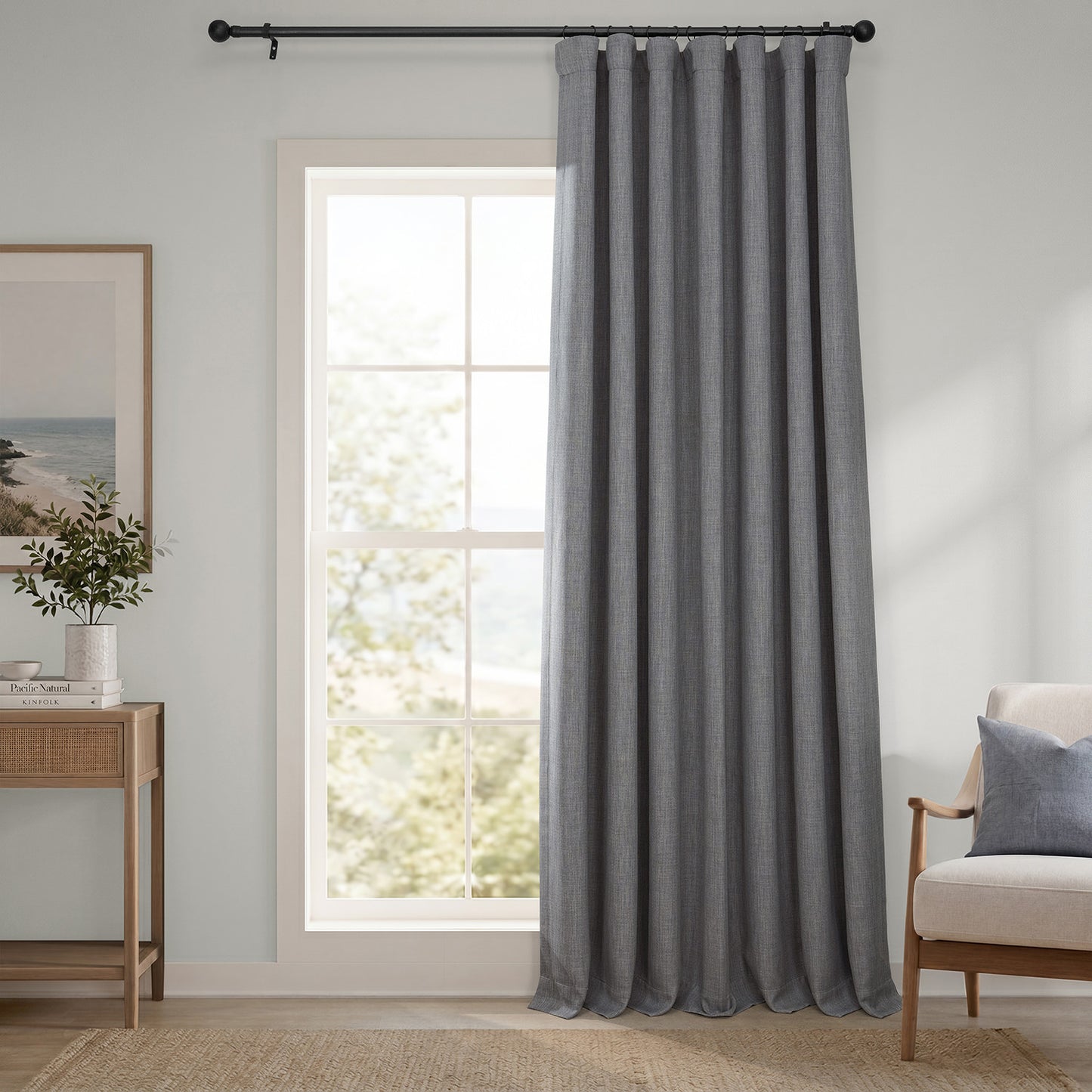 Blazer Grey Extra Wide Textured Faux Linen Room Darkening Curtain