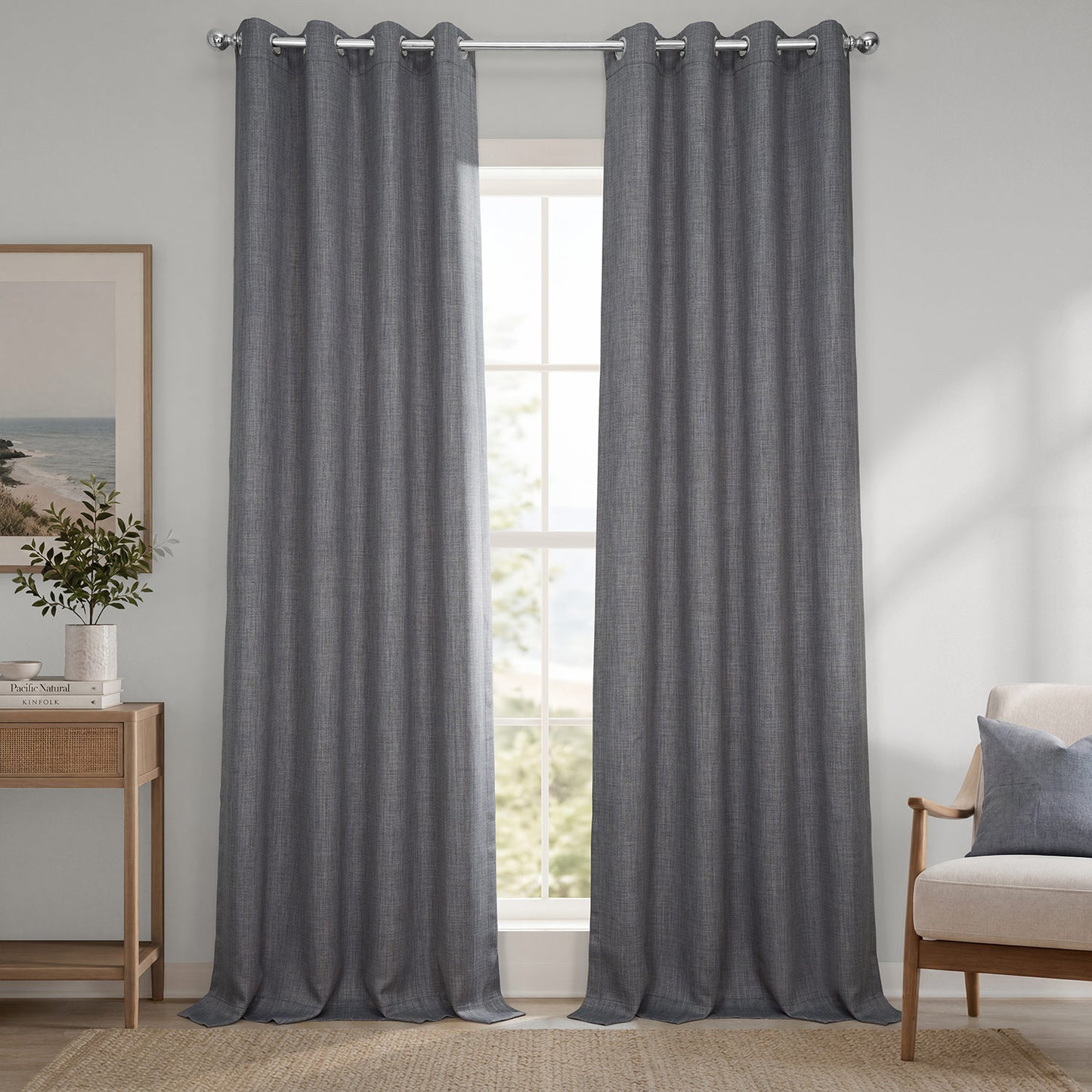 Blazer Grey Grommet Textured Faux Linen Room Darkening Curtain