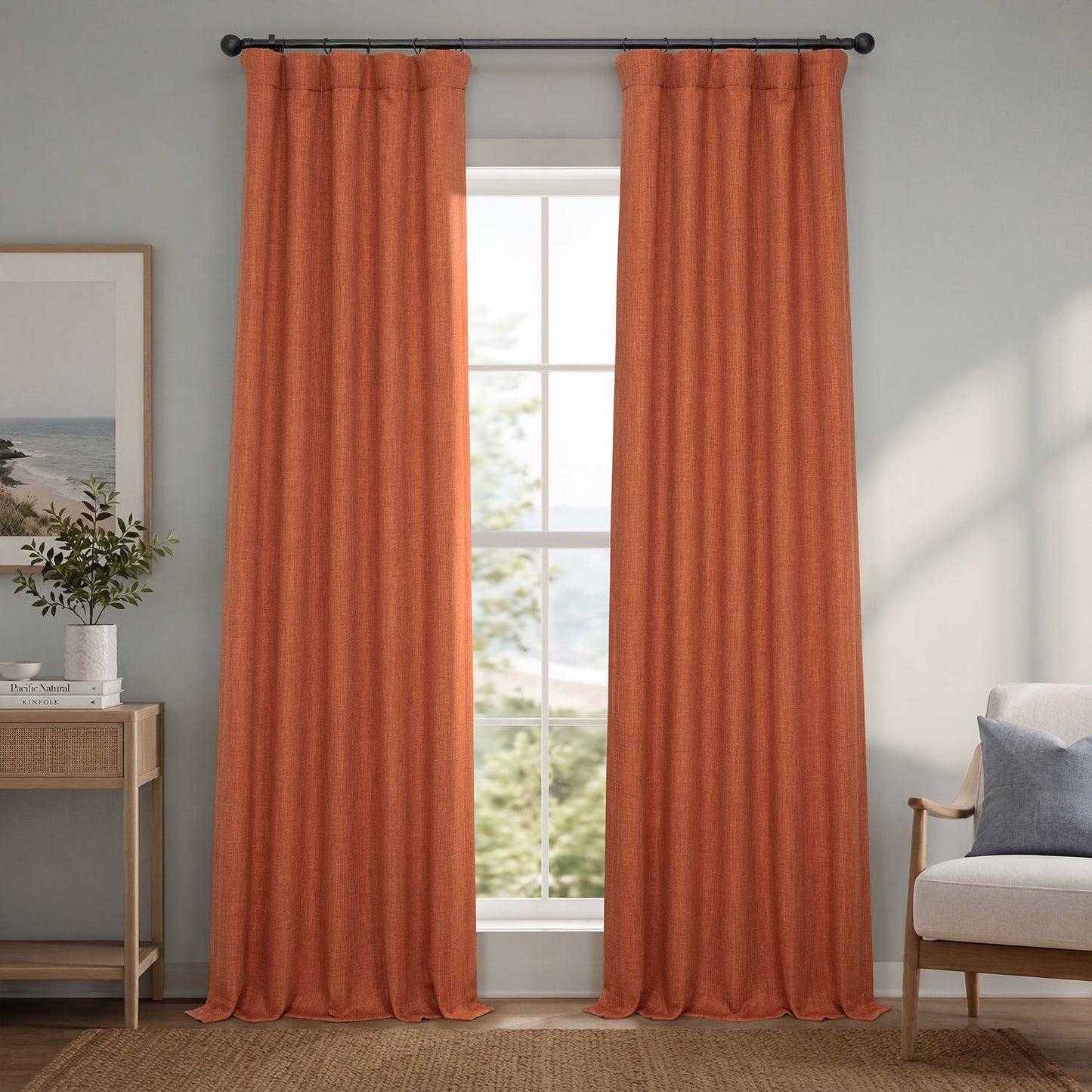 Desert Orange Textured Faux Linen Room Darkening Curtain
