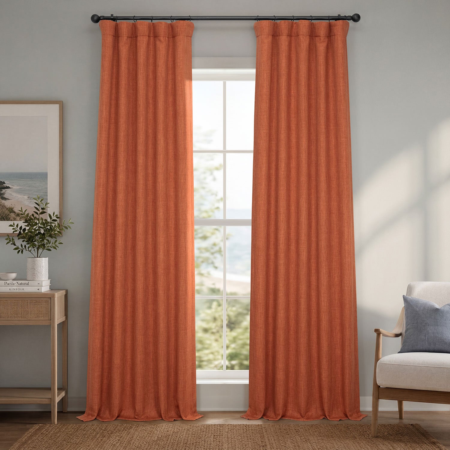 Desert Orange Textured Faux Linen Room Darkening Curtain