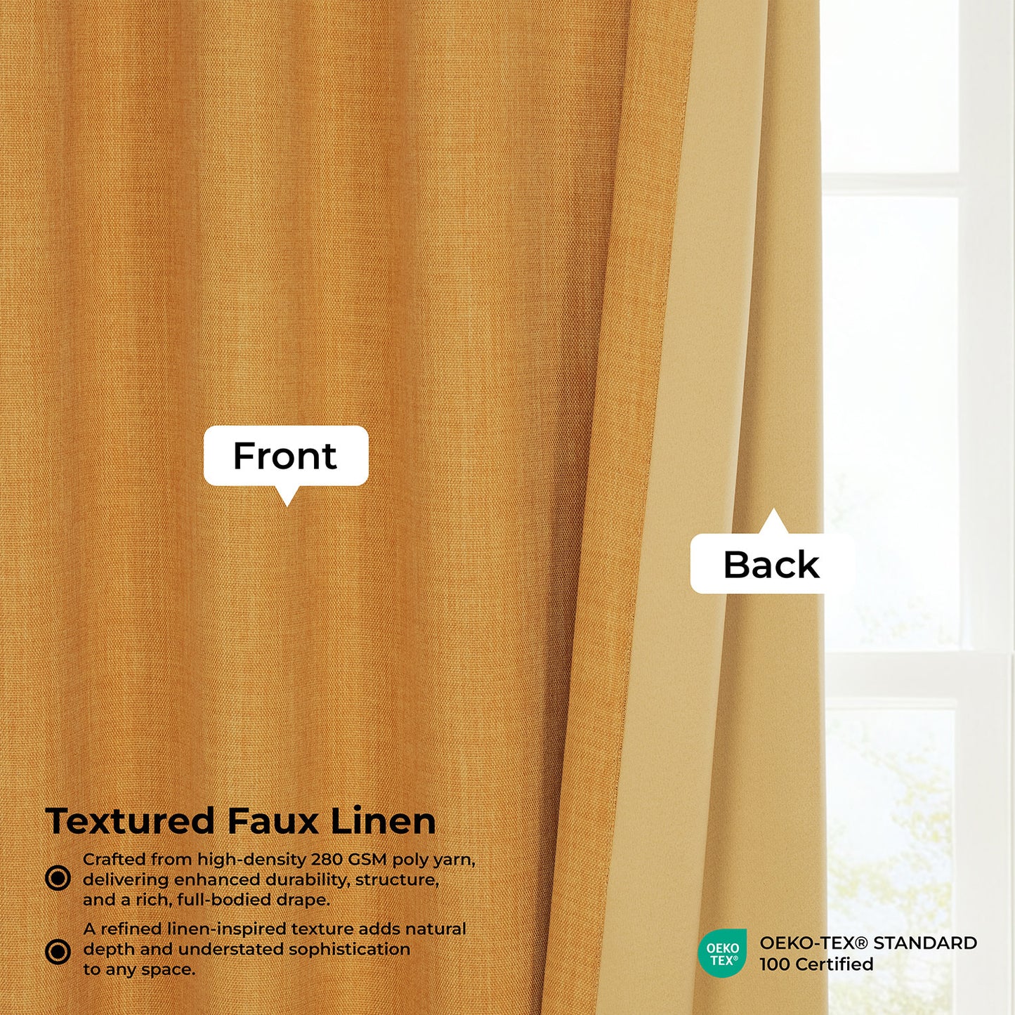 Dandelion Gold Textured Faux Linen Room Darkening Curtain