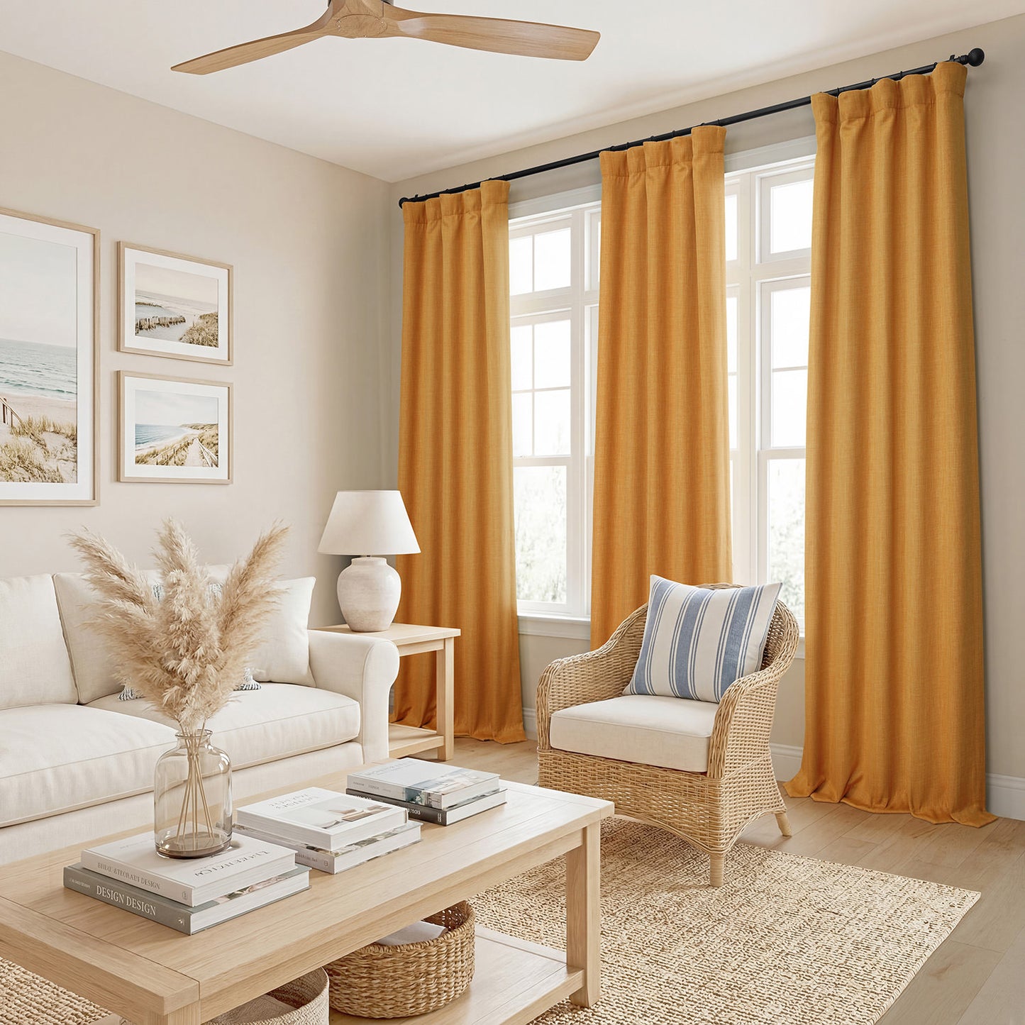 Living room with yellow curtains, white sofa, and wooden coffee table.