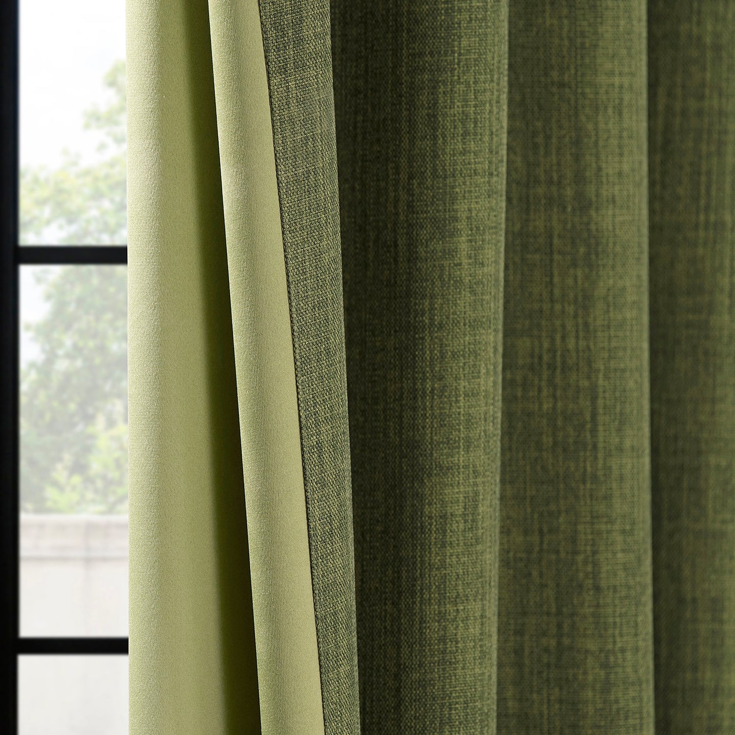 Tuscany Green Grommet Textured Faux Linen Room Darkening Curtain