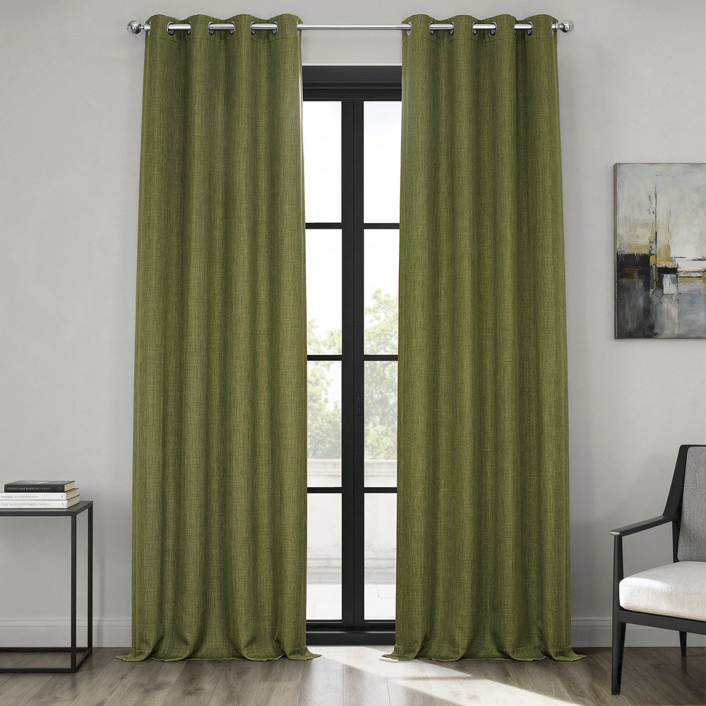 Tuscany Green Grommet Textured Faux Linen Room Darkening Curtain