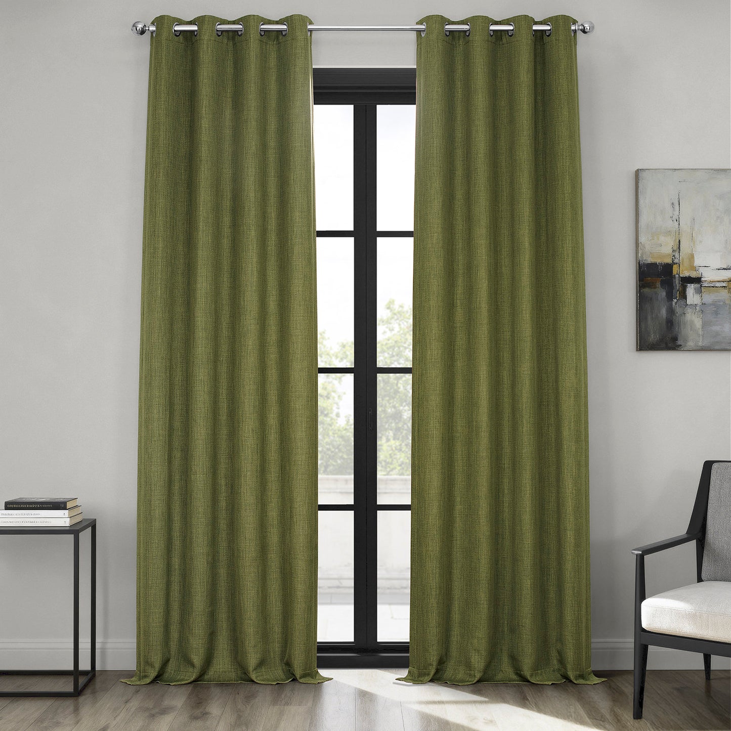 Tuscany Green Grommet Textured Faux Linen Room Darkening Curtain