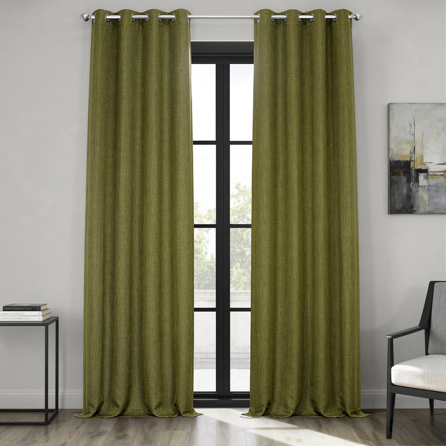 Tuscany Green Grommet Textured Faux Linen Room Darkening Curtain