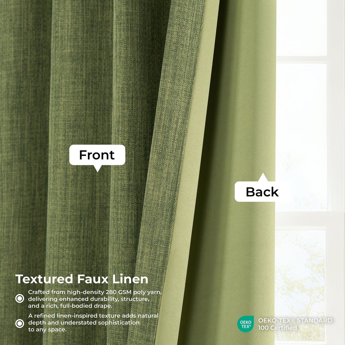 Tuscany Green Textured Faux Linen Room Darkening Curtain