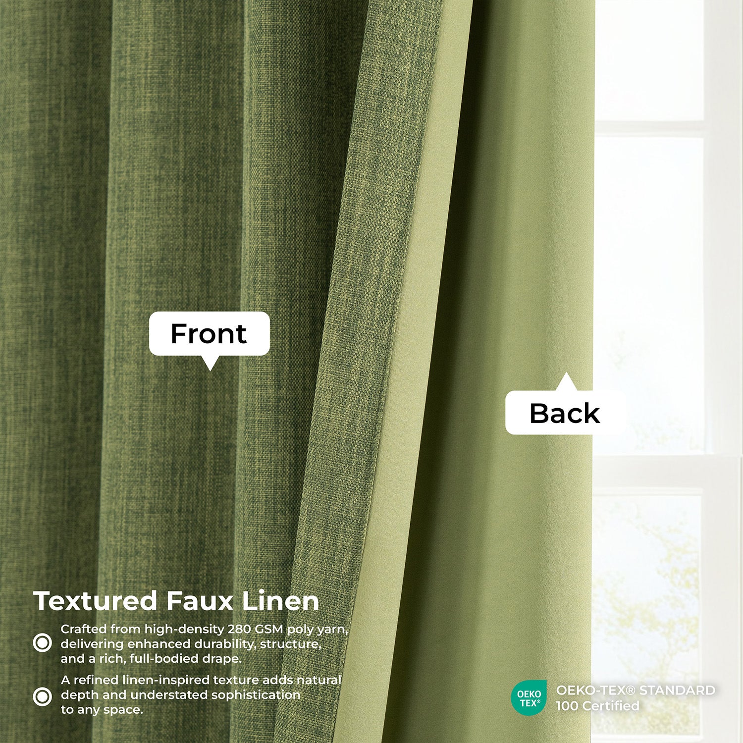 Tuscany Green Textured Faux Linen Room Darkening Curtain