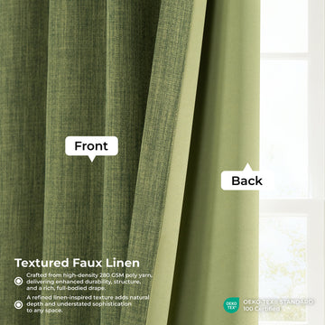 Tuscany Green Textured Faux Linen Room Darkening Curtain