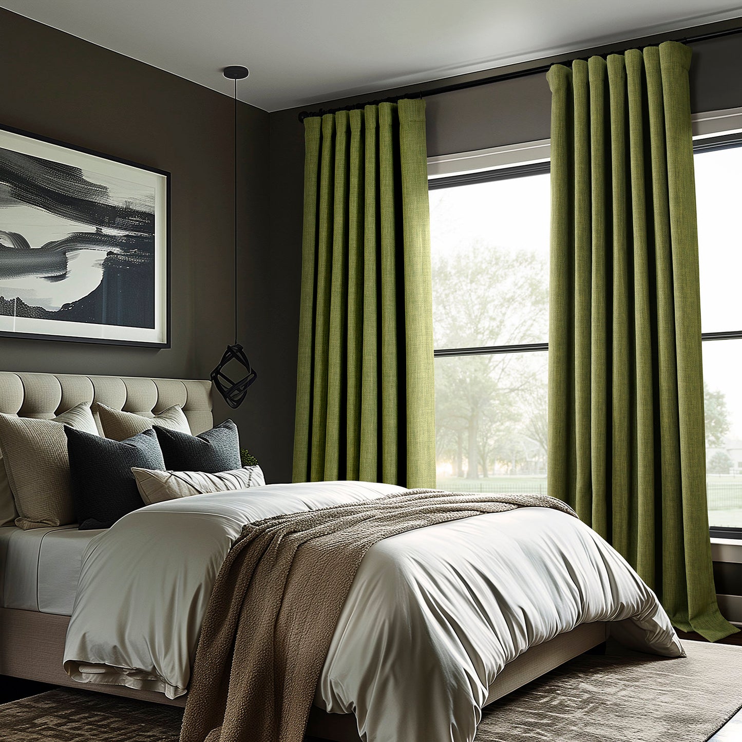 Tuscany Green Textured Faux Linen Custom Curtain