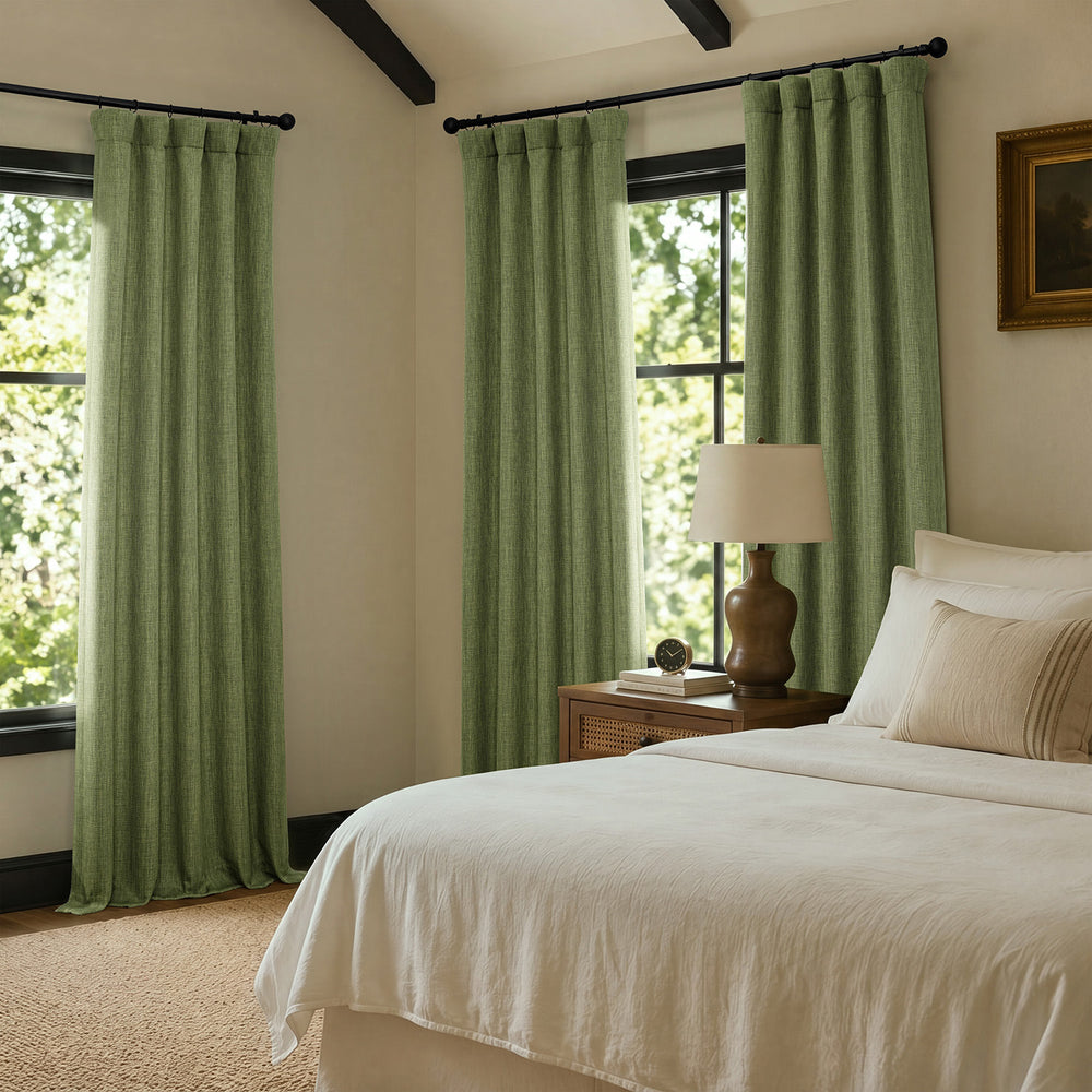 Tuscany Green Textured Faux Linen Room Darkening Curtain