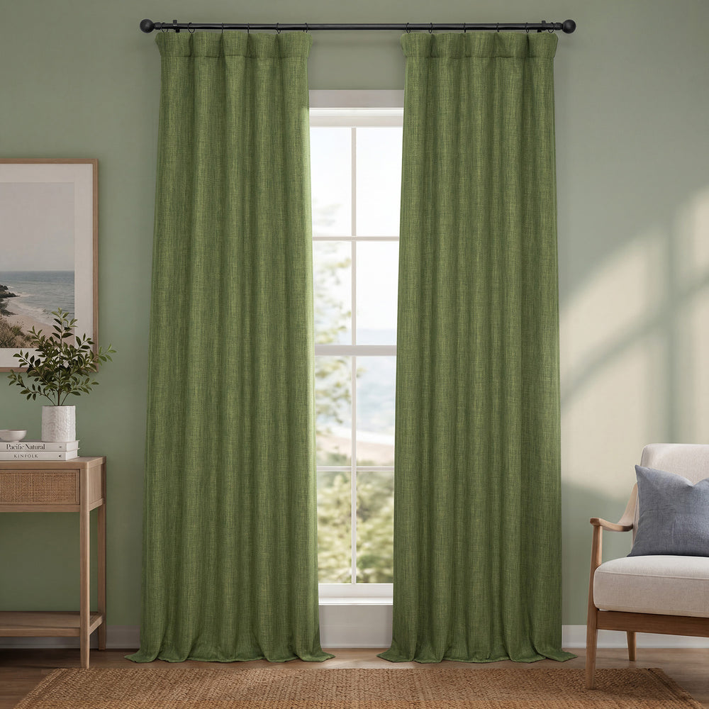 Tuscany Green Textured Faux Linen Room Darkening Curtain