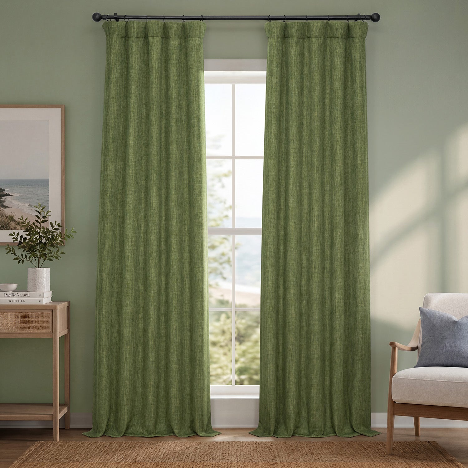 Tuscany Green Textured Faux Linen Room Darkening Curtain