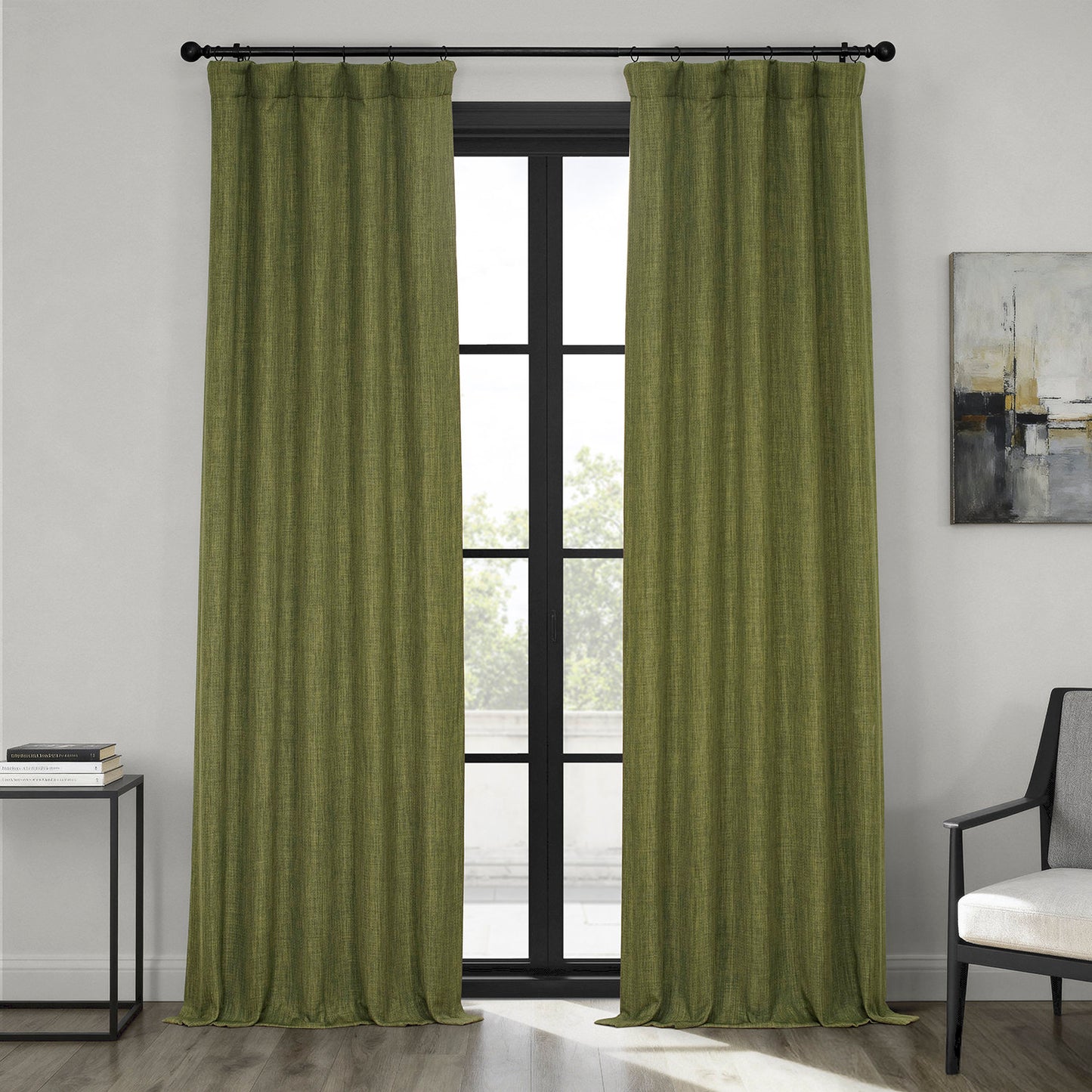 Tuscany Green Textured Faux Linen Room Darkening Curtain
