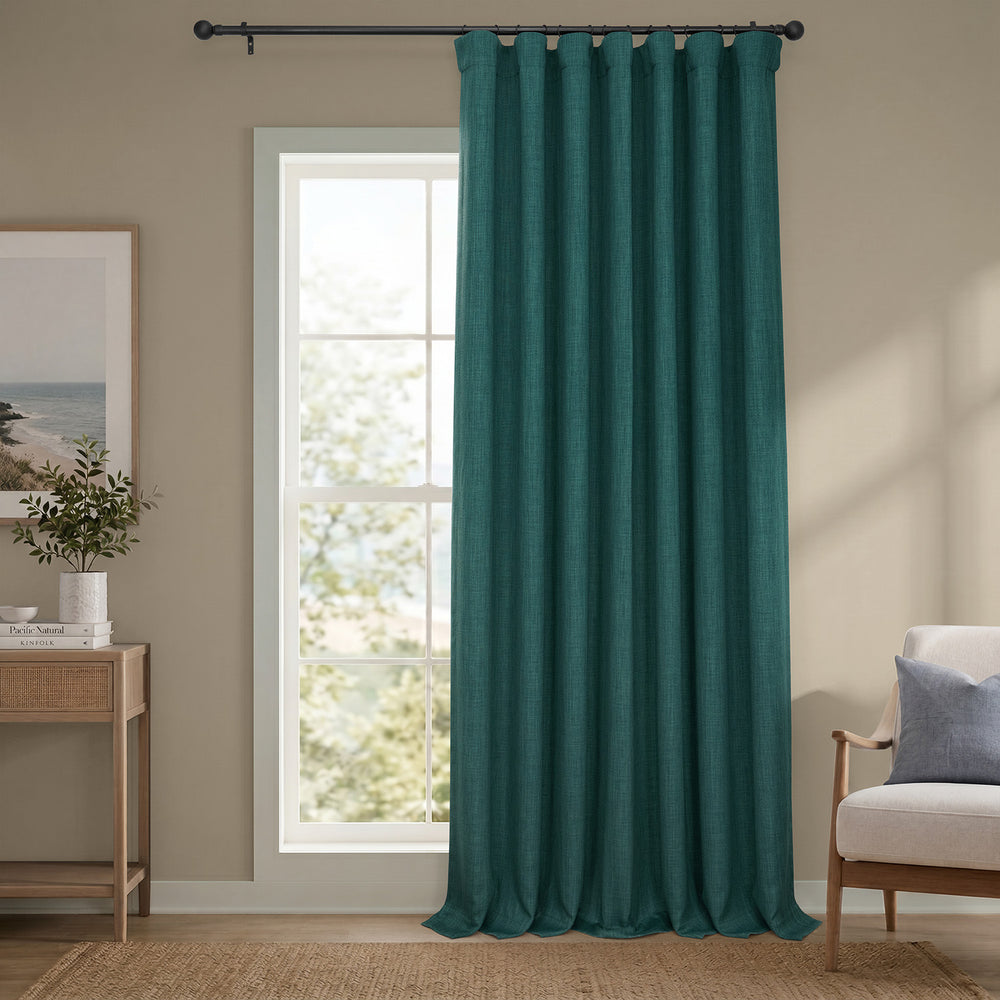 Slate Teal Extra Wide Textured Faux Linen Room Darkening Curtain