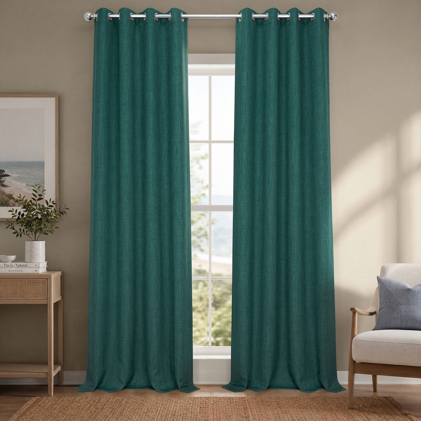 Slate Teal Grommet Textured Faux Linen Room Darkening Curtain