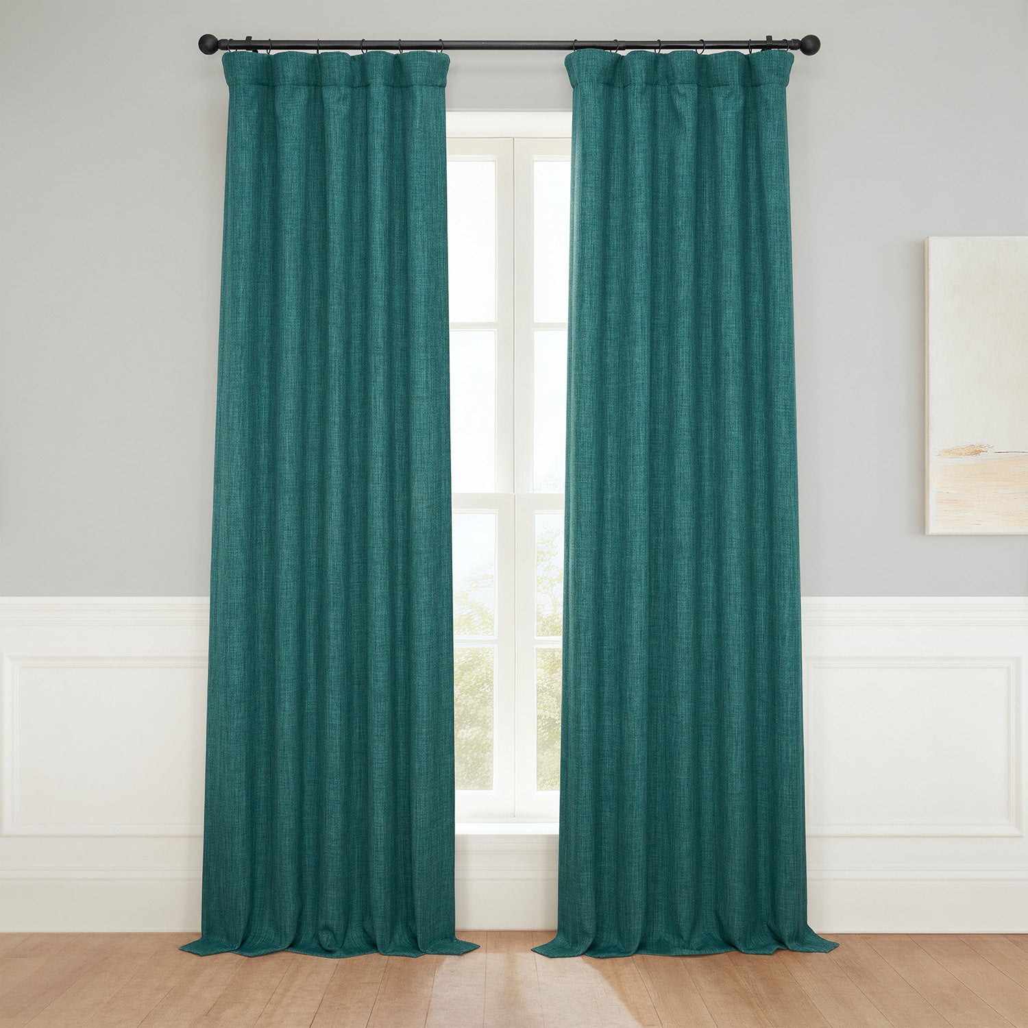 Slate Teal Green Textured Faux Linen Room Darkening Curtain