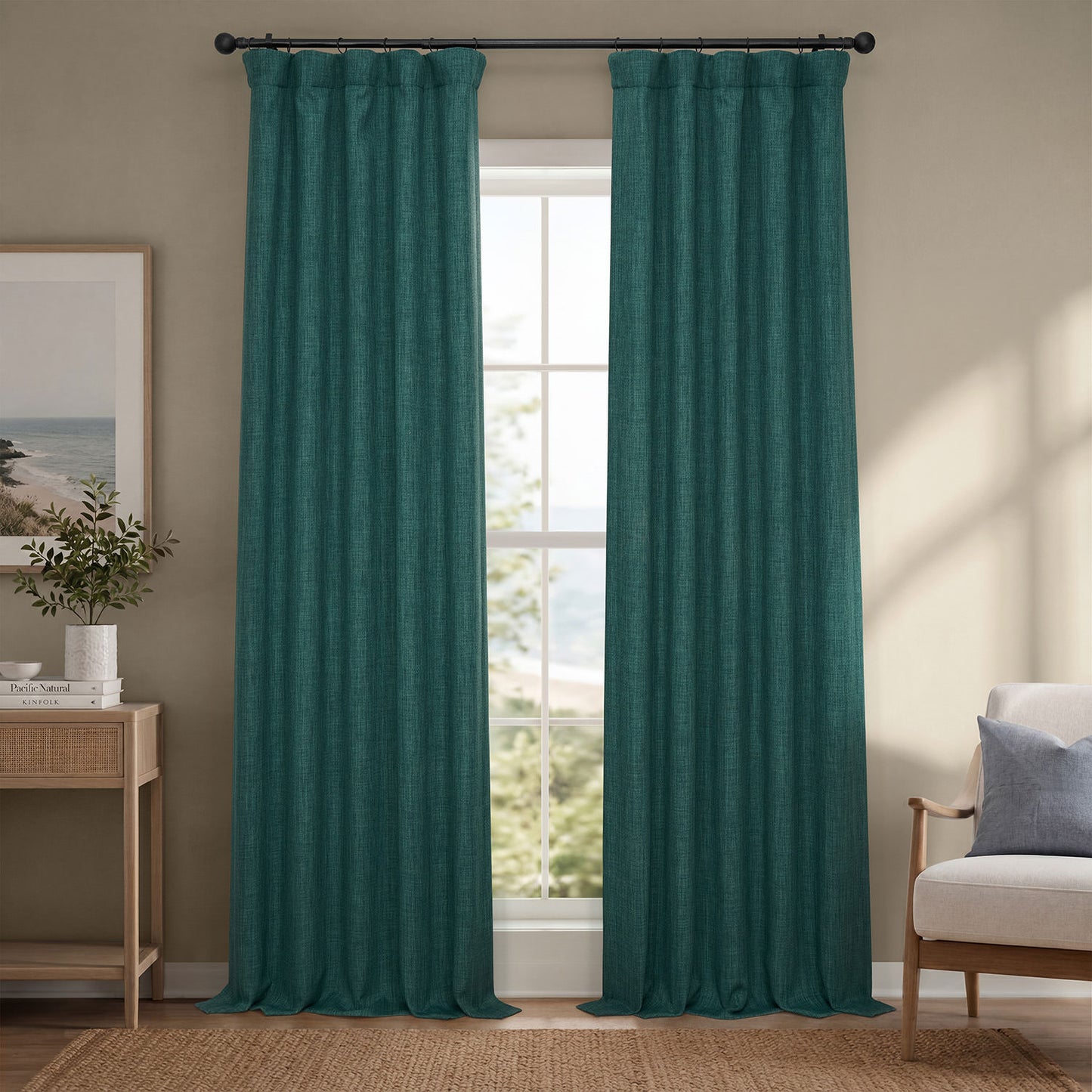 Slate Teal Green Textured Faux Linen Room Darkening Curtain