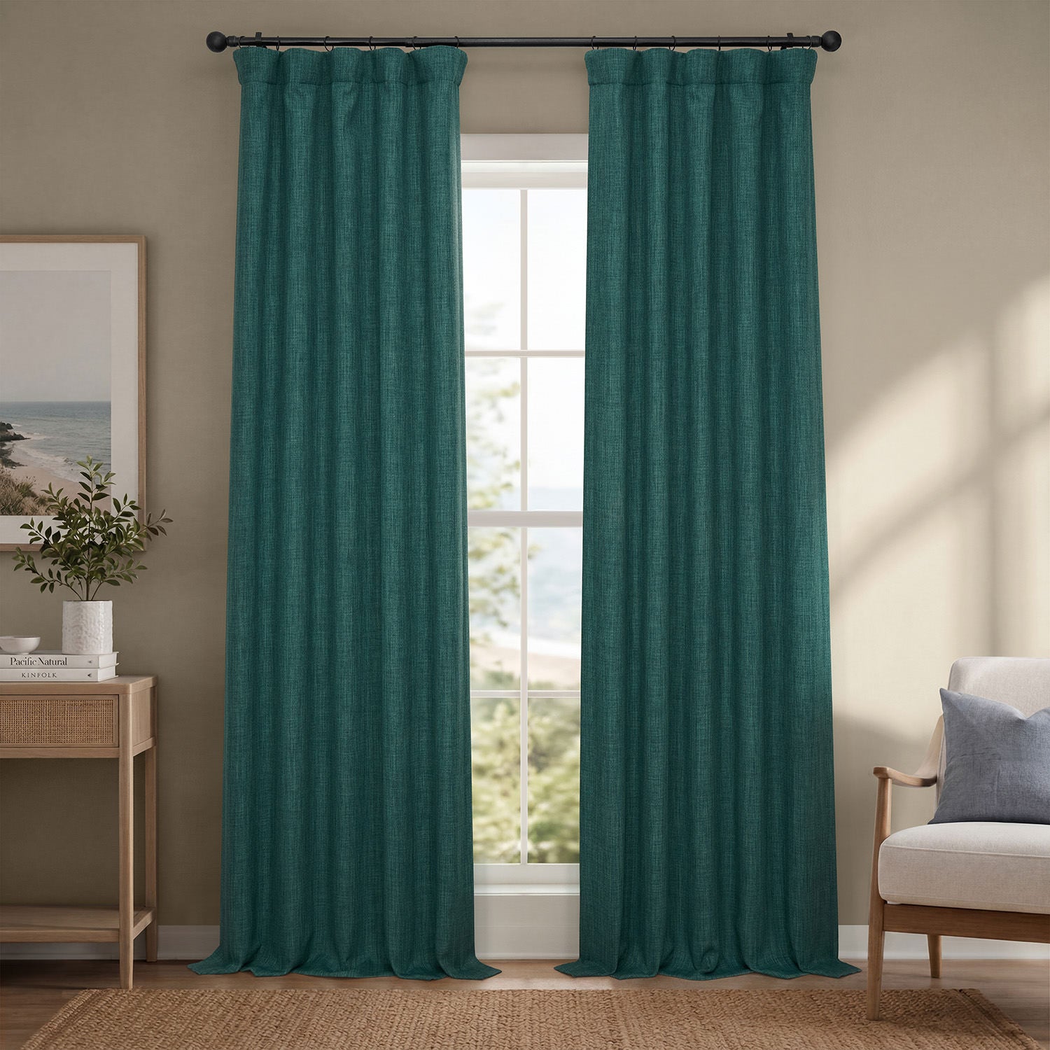 Slate Teal Green Textured Faux Linen Room Darkening Curtain