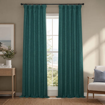 Slate Teal Green Textured Faux Linen Room Darkening Curtain