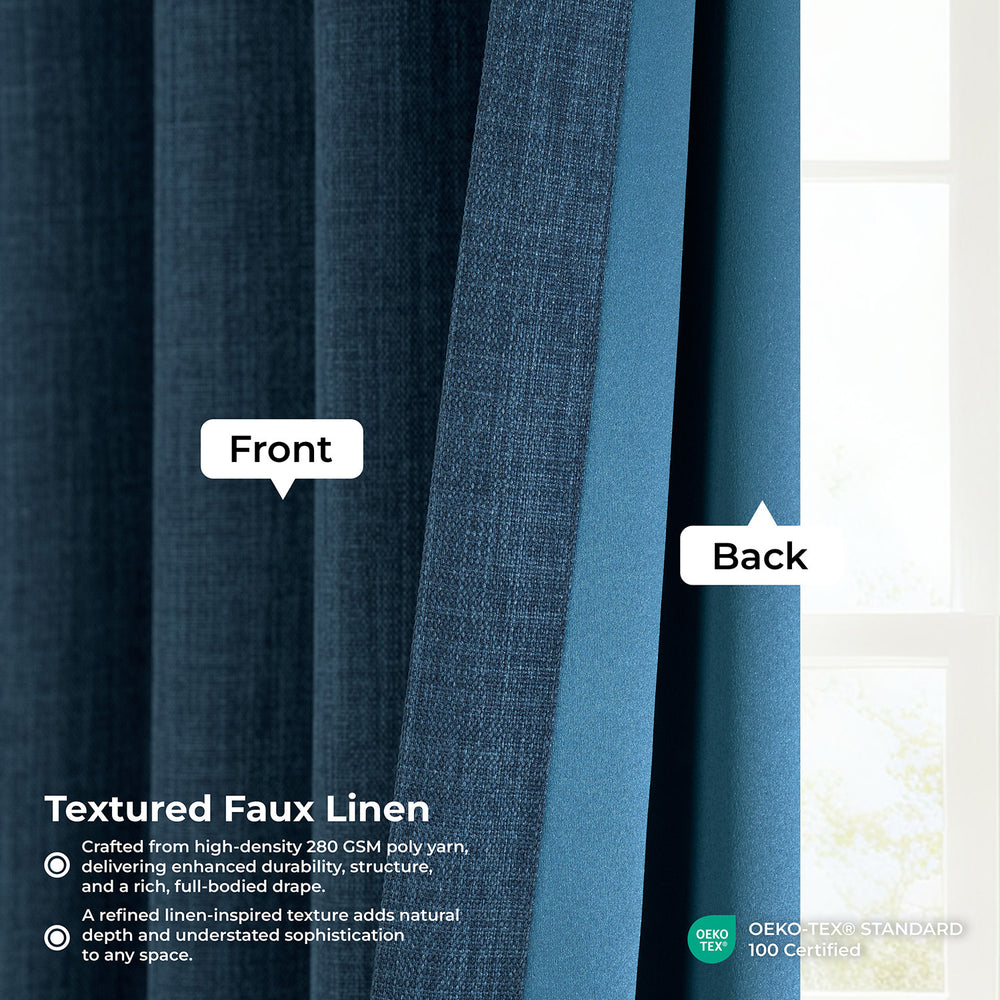Indigo Extra Wide Textured Faux Linen Room Darkening Curtain