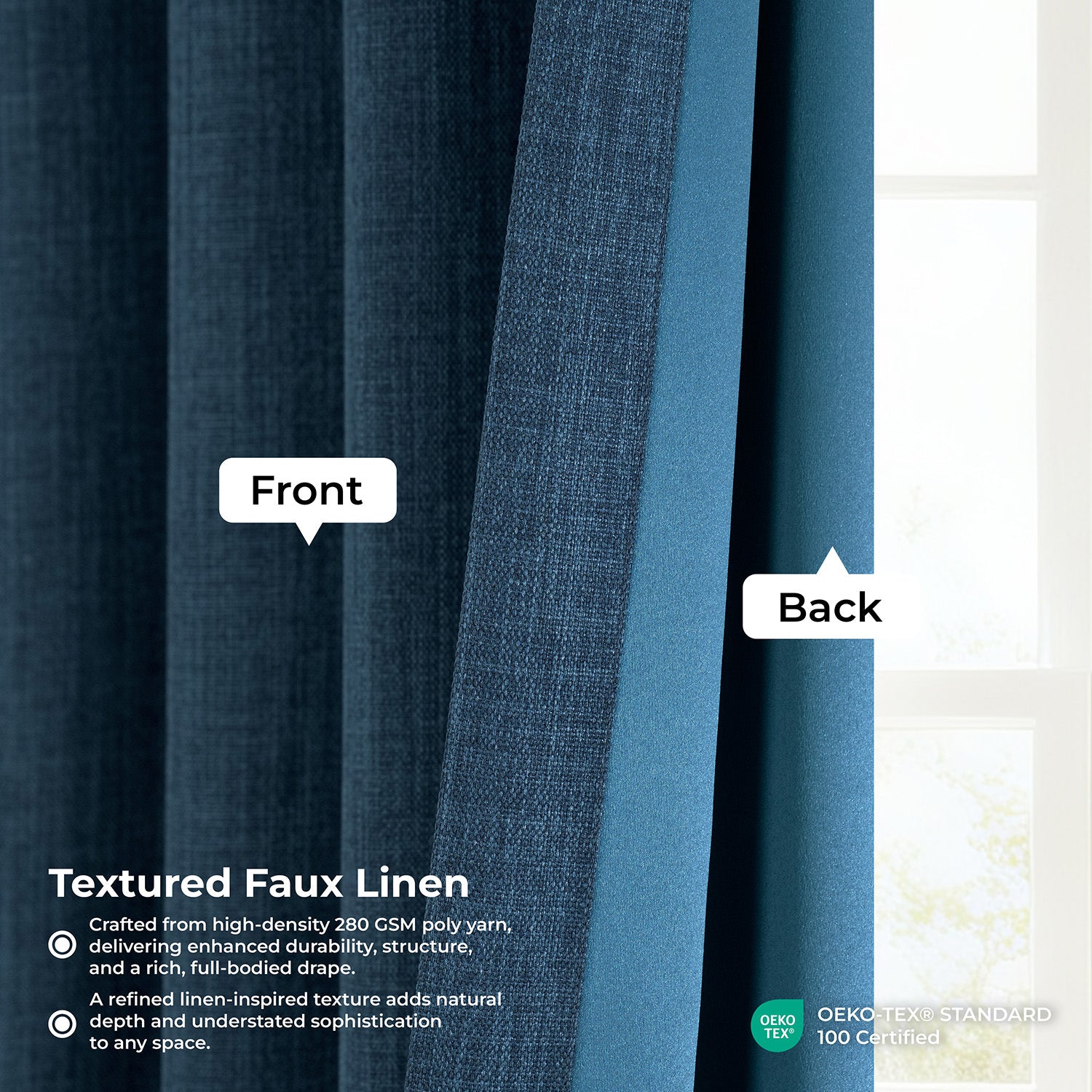 Indigo Extra Wide Textured Faux Linen Room Darkening Curtain
