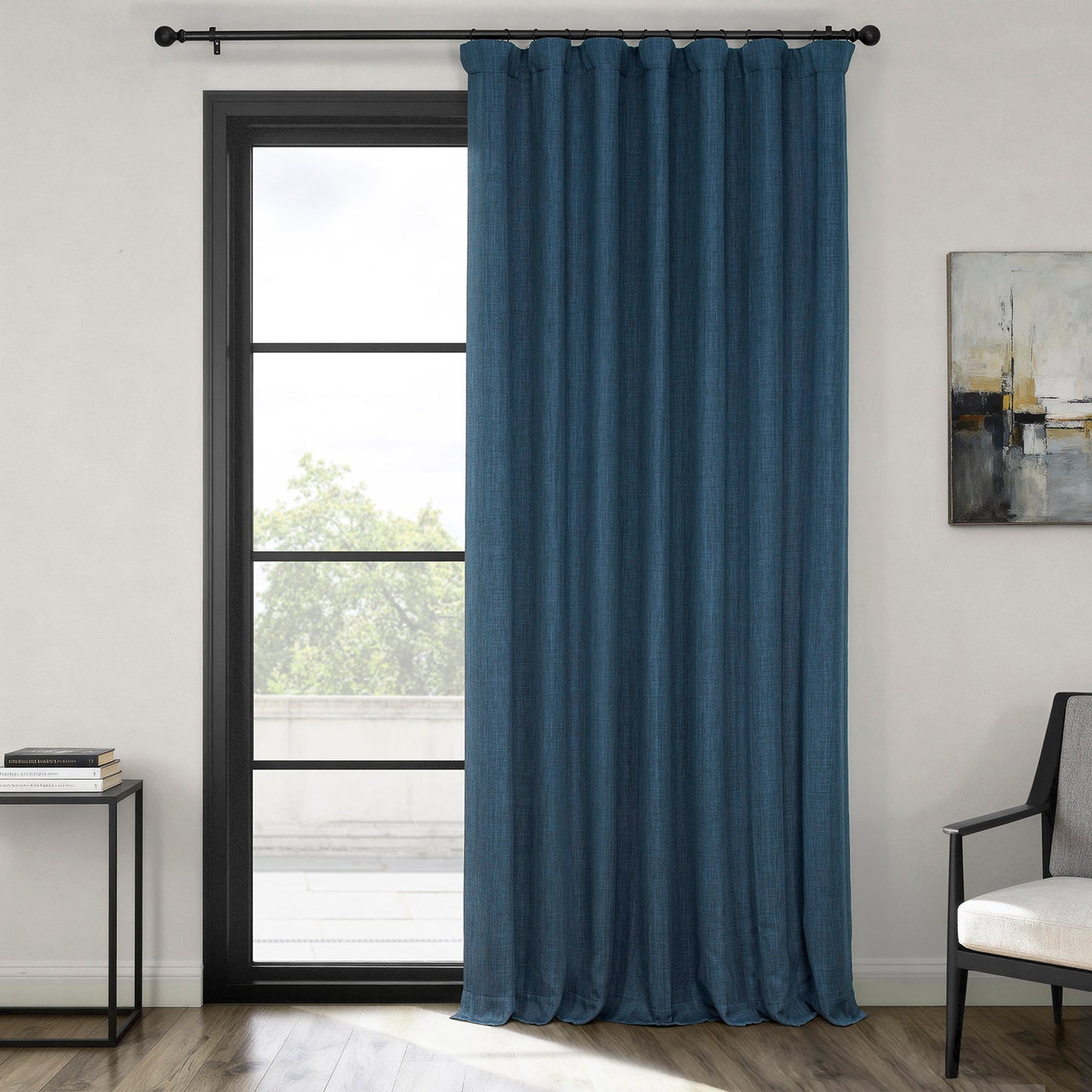 Indigo Extra Wide Textured Faux Linen Room Darkening Curtain