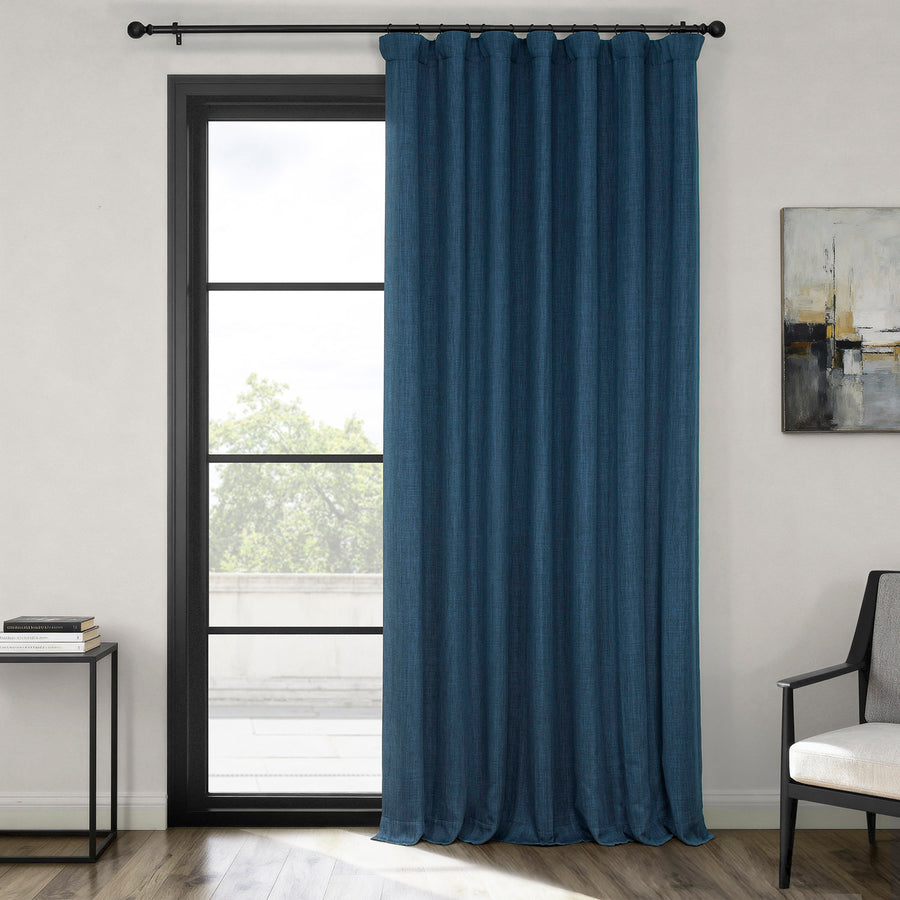 Indigo Extra Wide Textured Faux Linen Room Darkening Curtain
