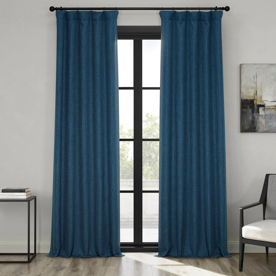 Indigo Textured Faux Linen Room Darkening Curtain