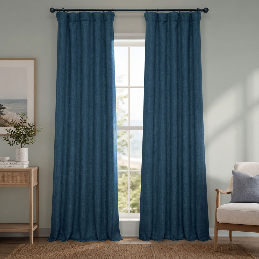Indigo Textured Faux Linen Room Darkening Curtain