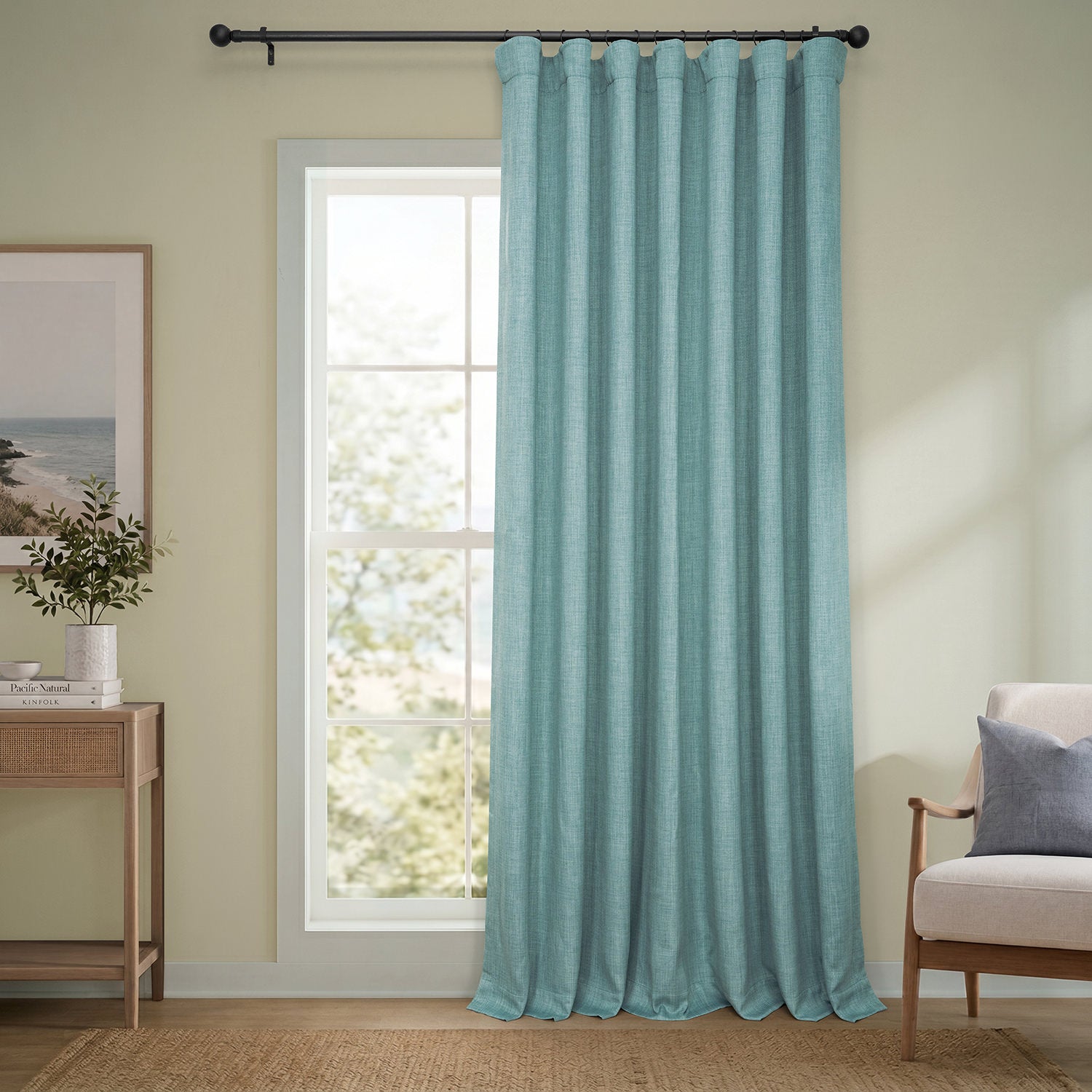 Sea Thistle Extra Wide Textured Faux Linen Room Darkening Curtain