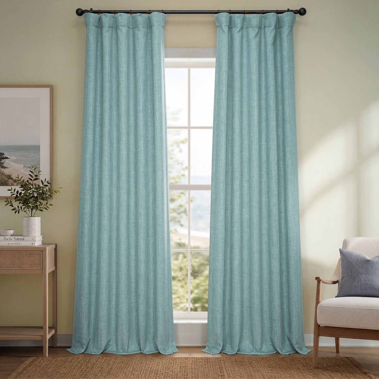 Sea Thistle Textured Faux Linen Room Darkening Curtain