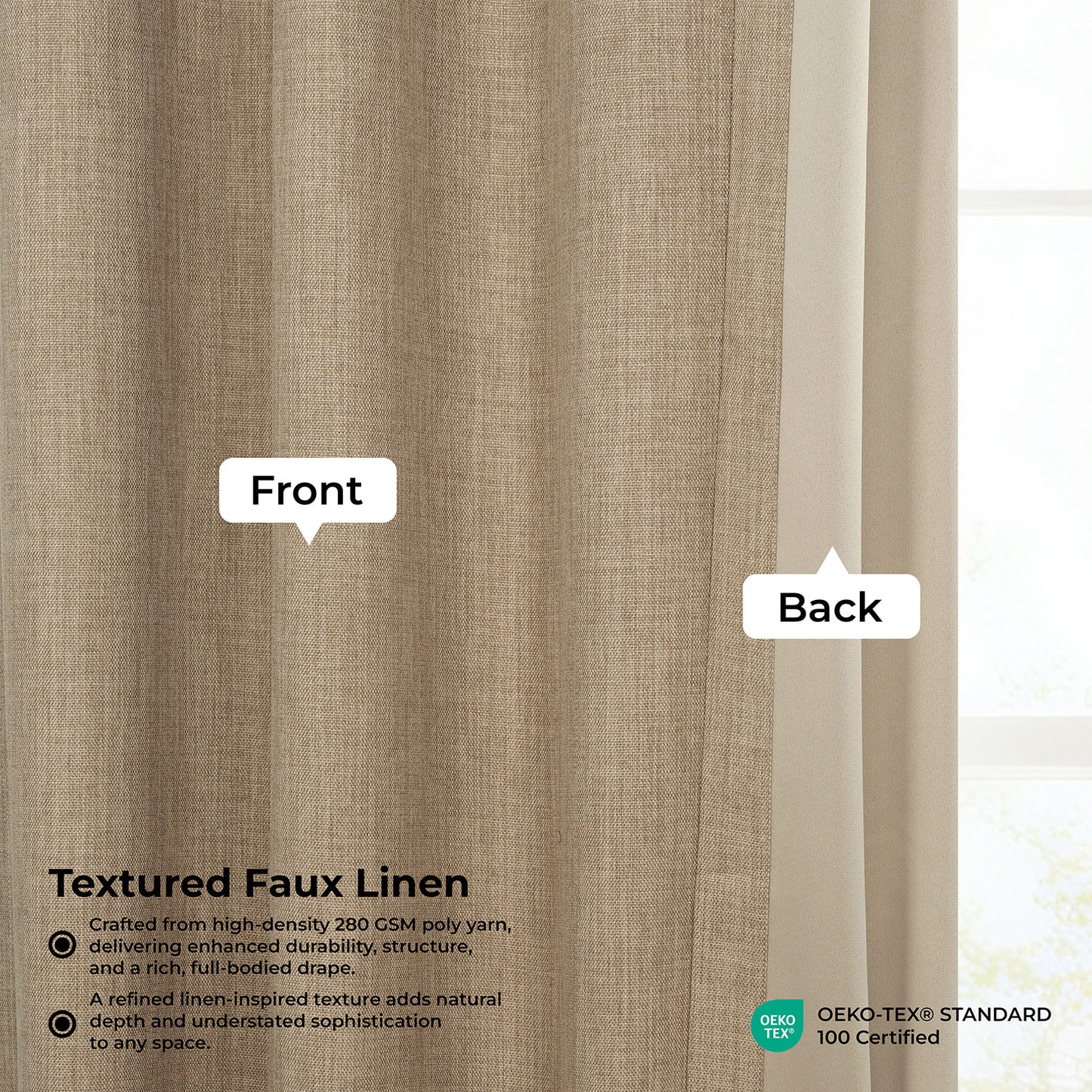 Nomad Tan Pinch Pleat Textured Faux Linen Room Darkening Curtain