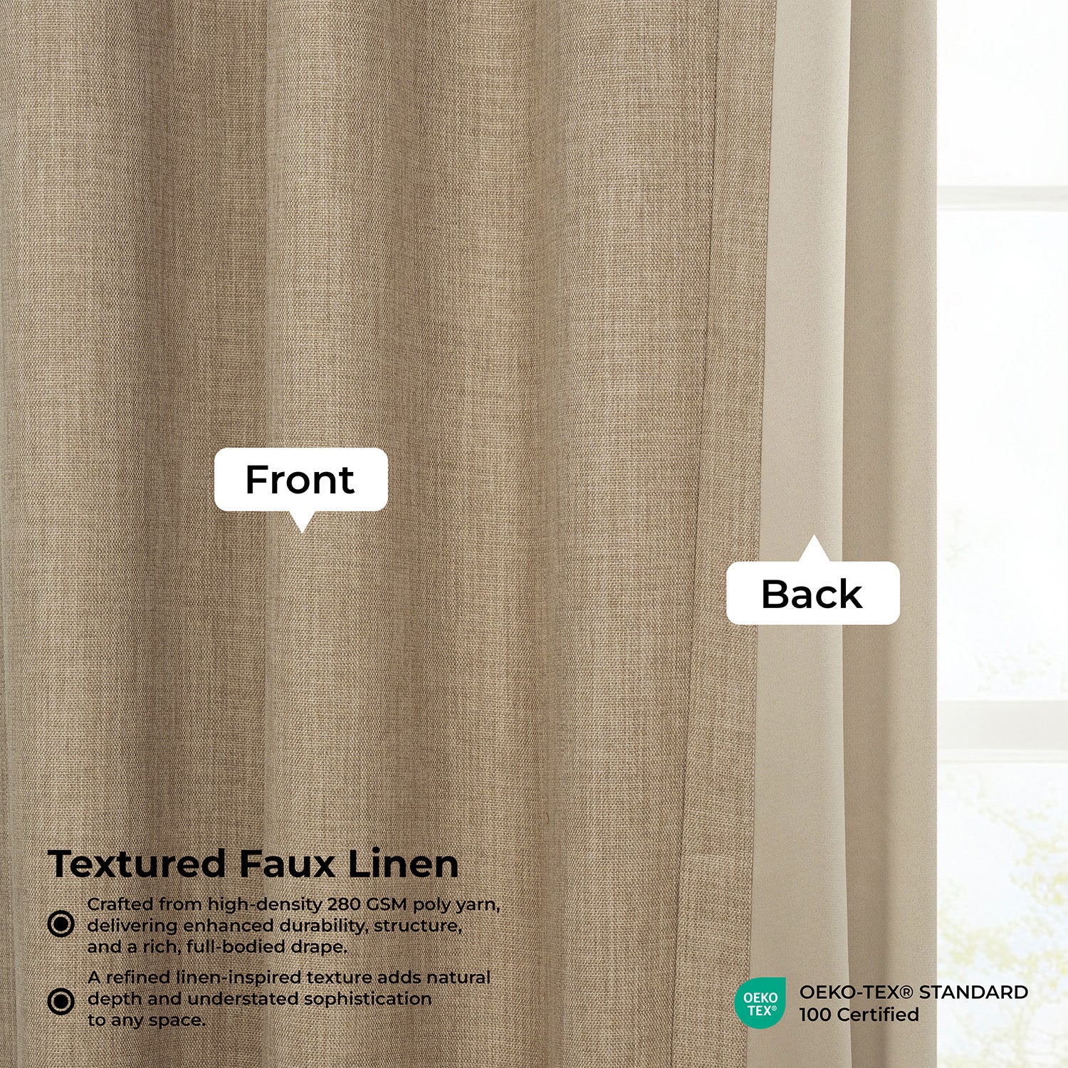 Nomad Tan Pinch Pleat Textured Faux Linen Room Darkening Curtain