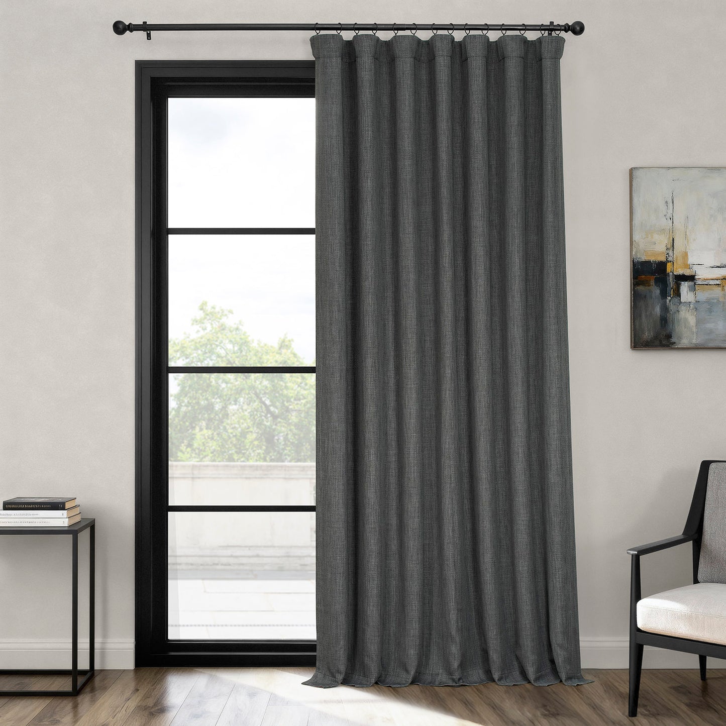 Dark Gravel Extra Wide Textured Faux Linen Room Darkening Curtain