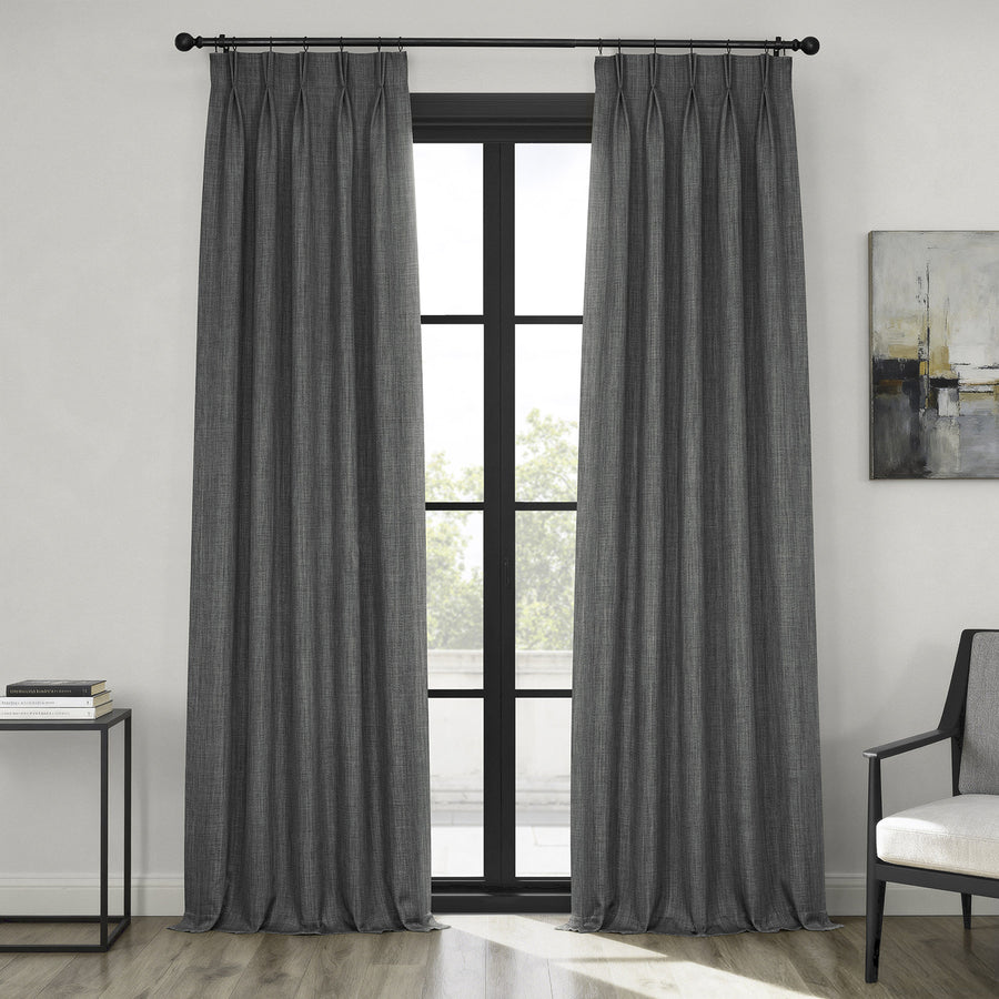 Dark Gravel French Pleat Textured Faux Linen Room Darkening Curtain