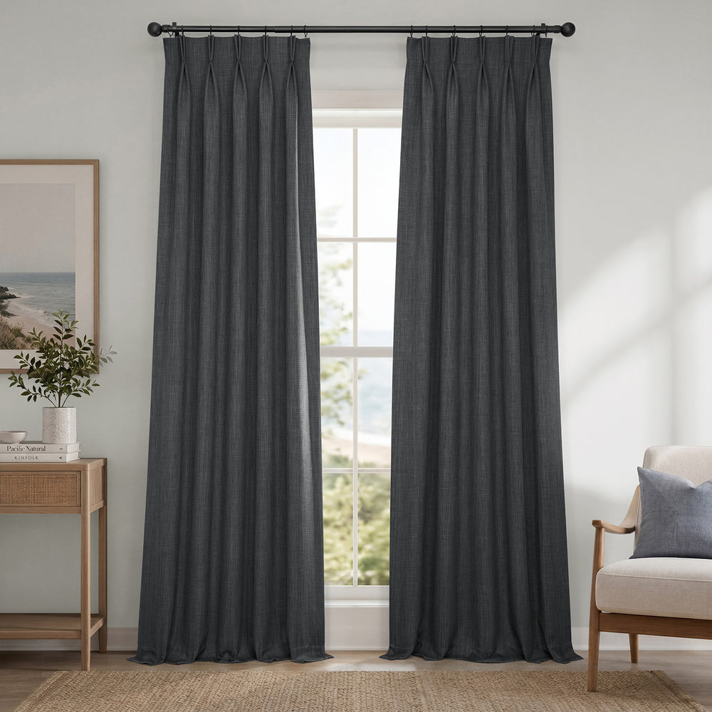 Dark Gravel Pinch Pleat Textured Faux Linen Room Darkening Curtain