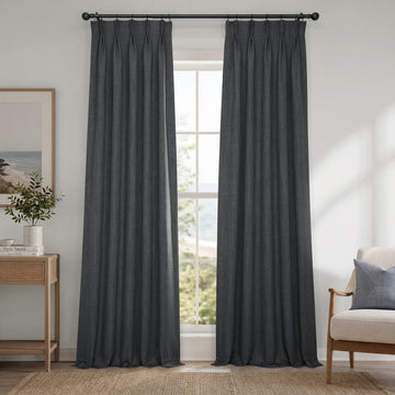 Dark Gravel Pinch Pleat Textured Faux Linen Room Darkening Curtain
