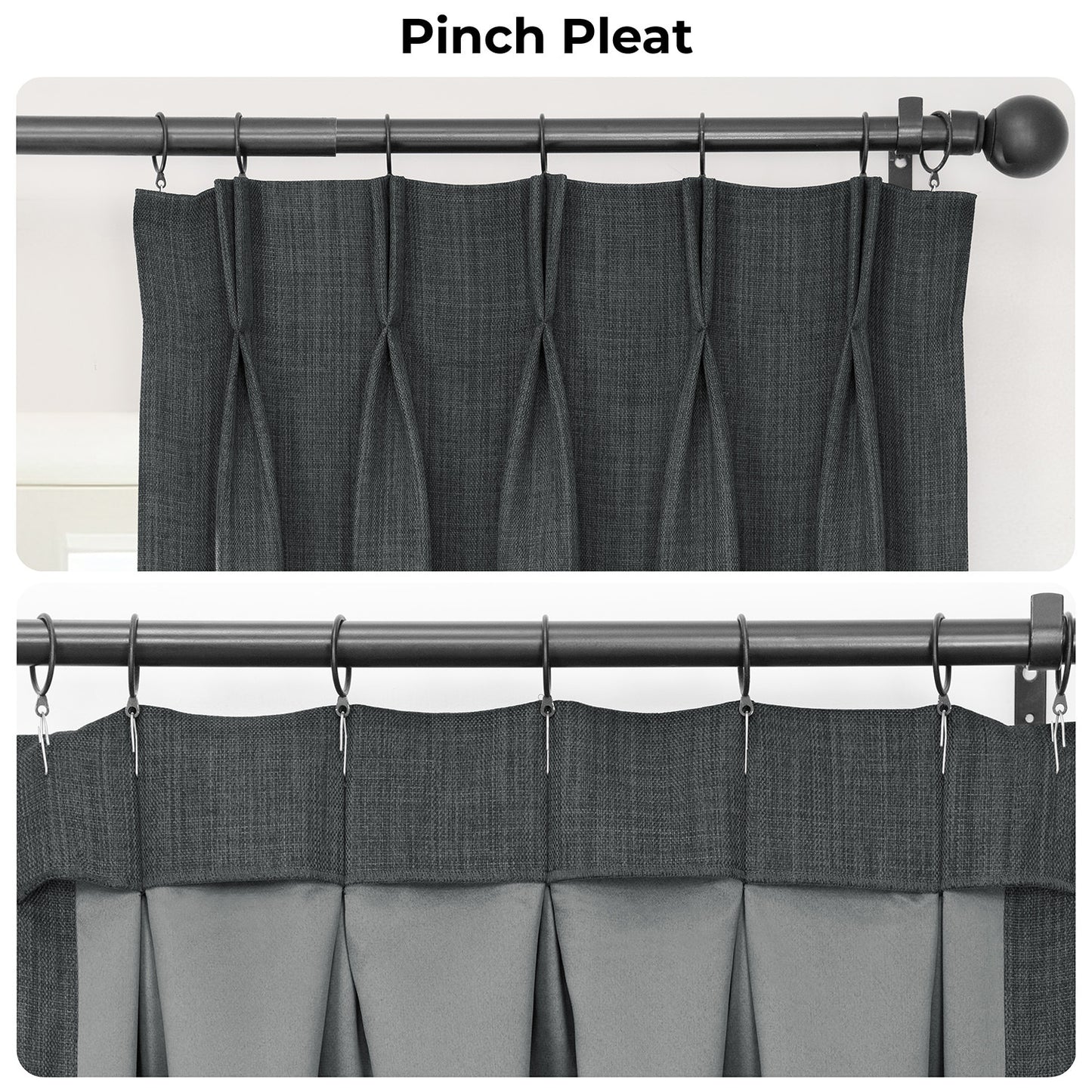 Dark Gravel Pinch Pleat Textured Faux Linen Room Darkening Curtain
