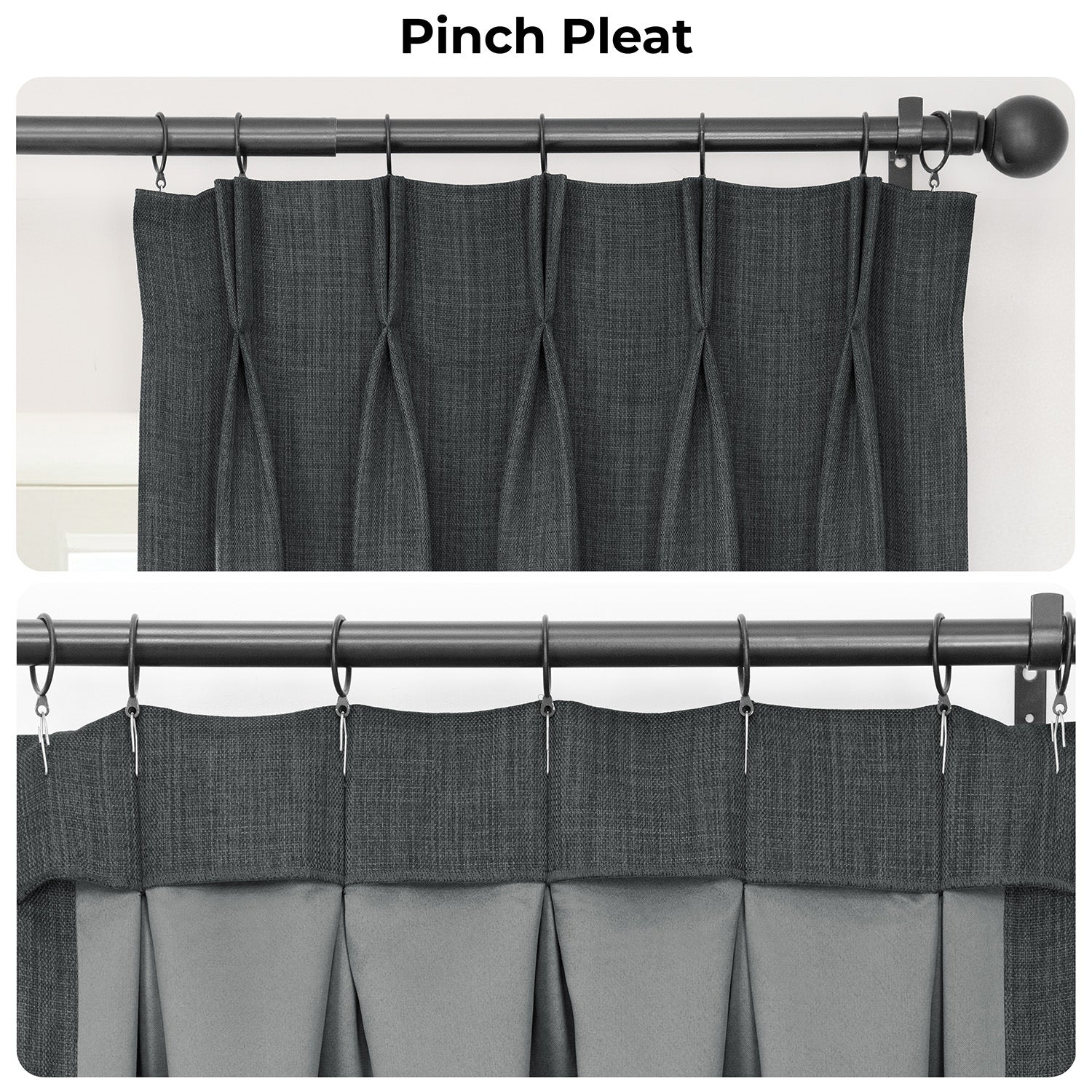 Dark Gravel Pinch Pleat Textured Faux Linen Room Darkening Curtain