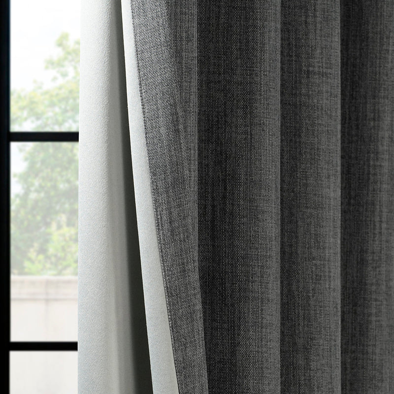 Dark Gravel Grommet Textured Faux Linen Room Darkening Curtain