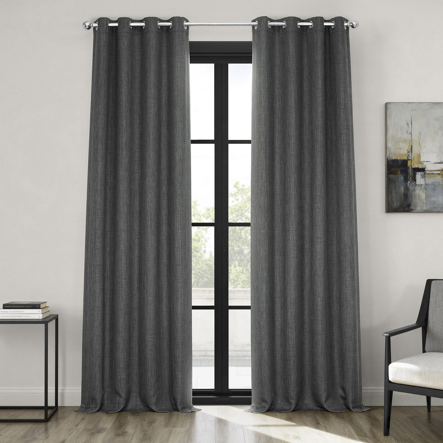 Dark Gravel Grommet Textured Faux Linen Room Darkening Curtain